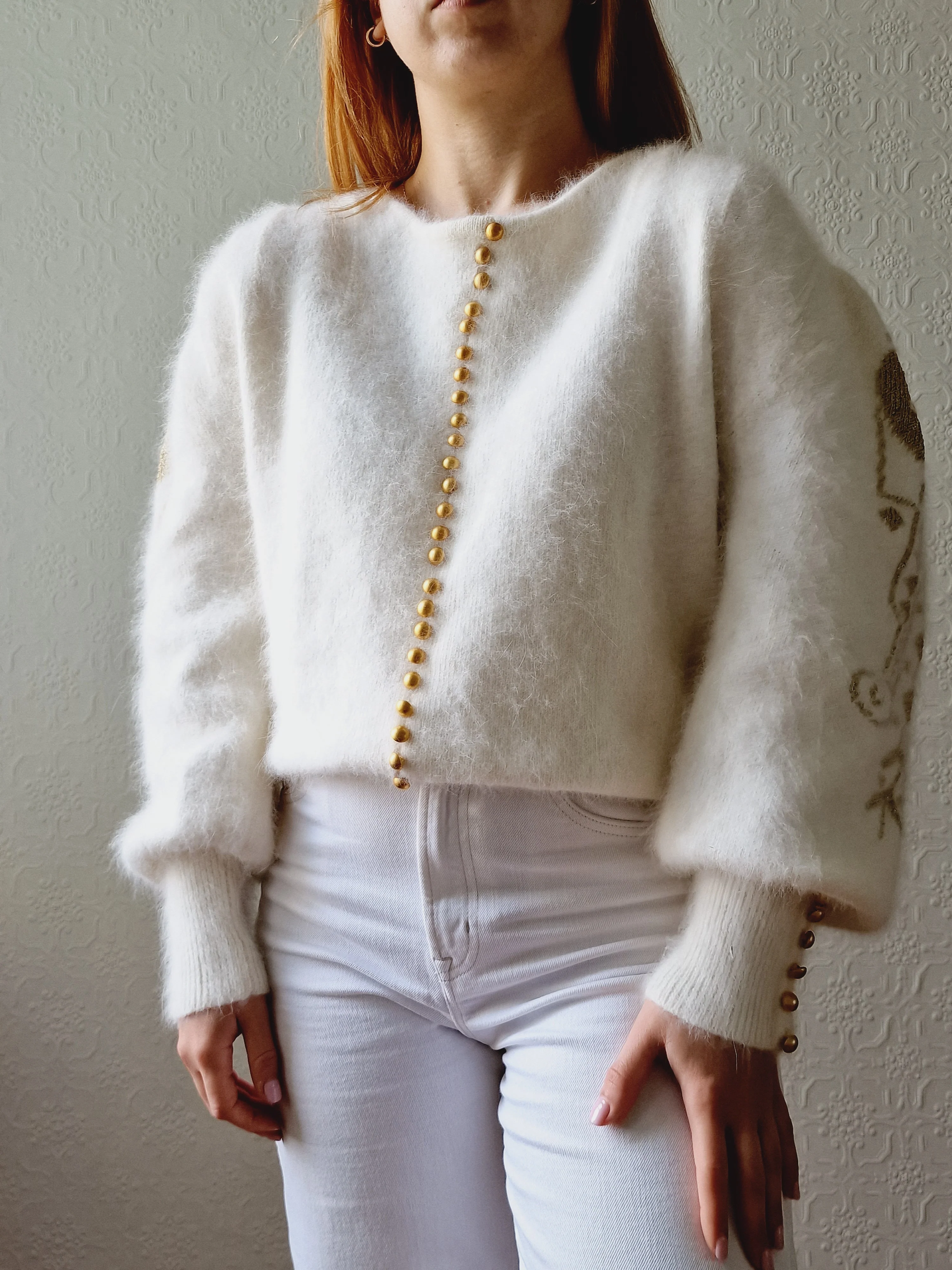 Vintage 80s Cream Angora Jumper with Gold Details - L