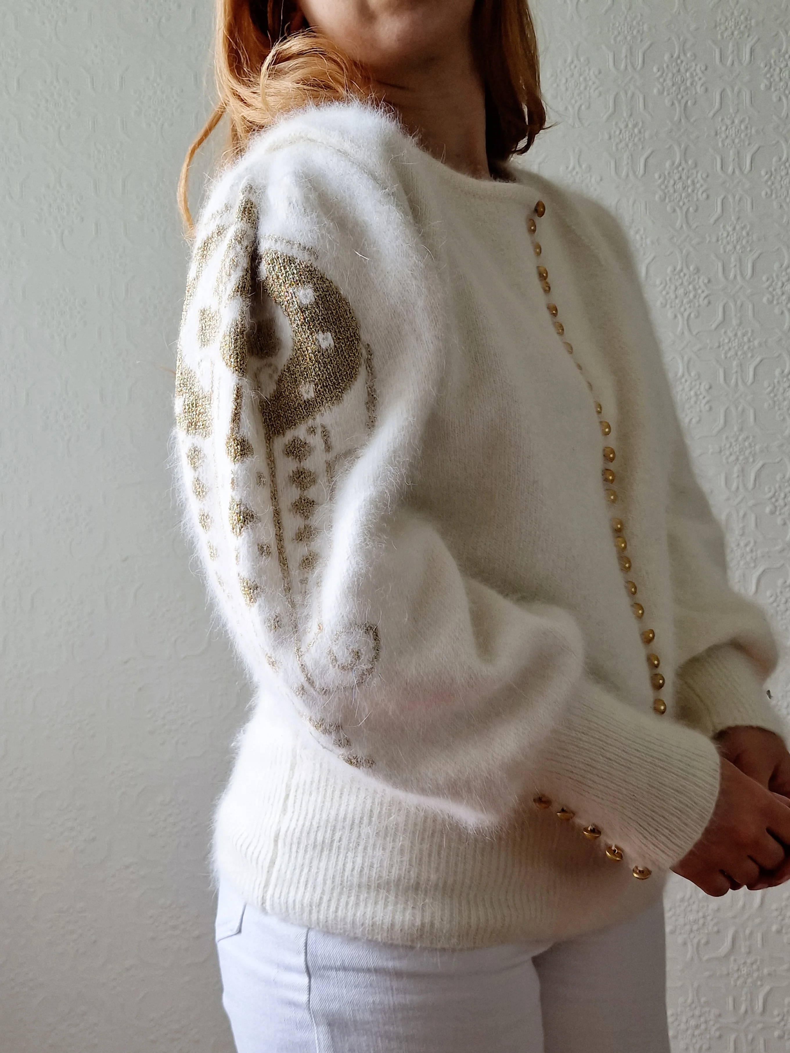 Vintage 80s Cream Angora Jumper with Gold Details - L - Image 2
