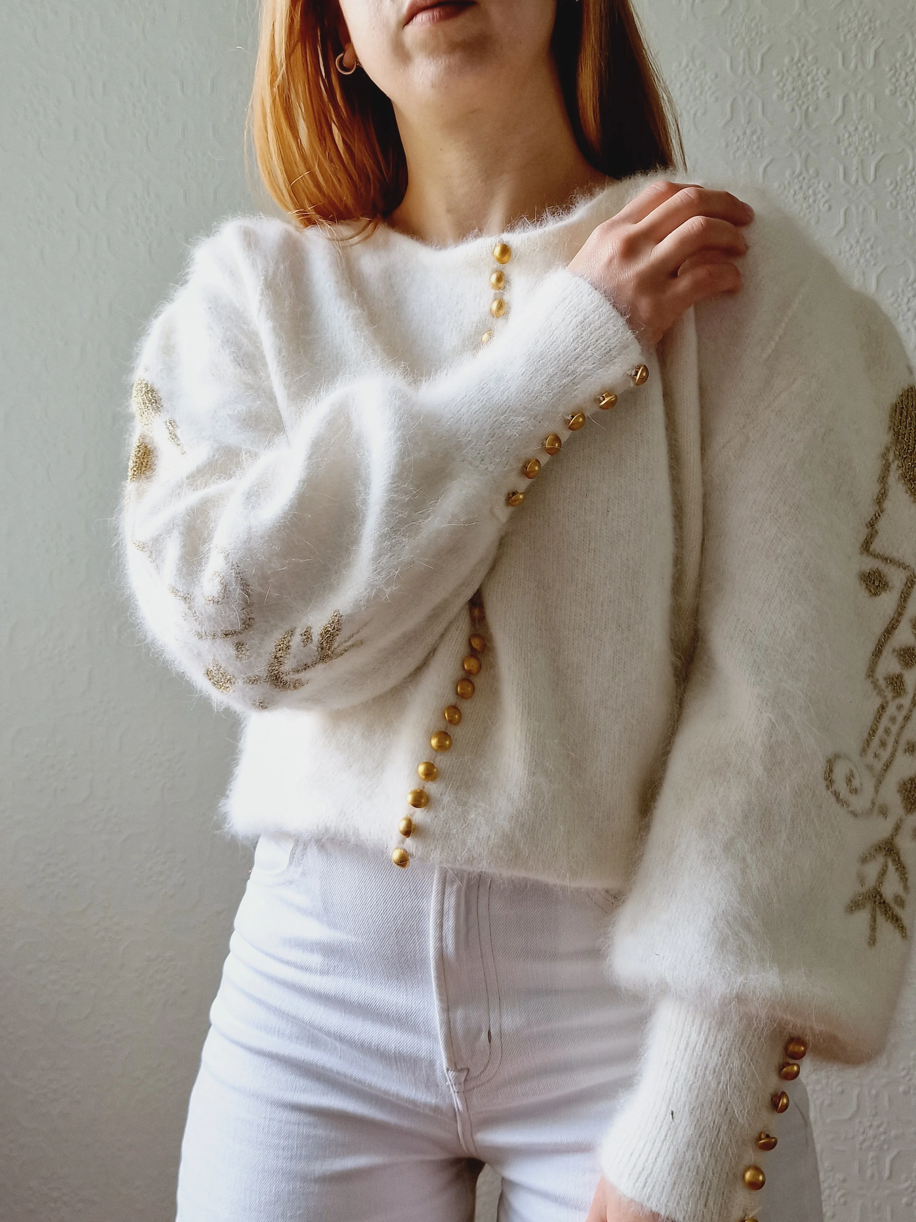 Vintage 80s Cream Angora Jumper with Gold Details - L - Image 3