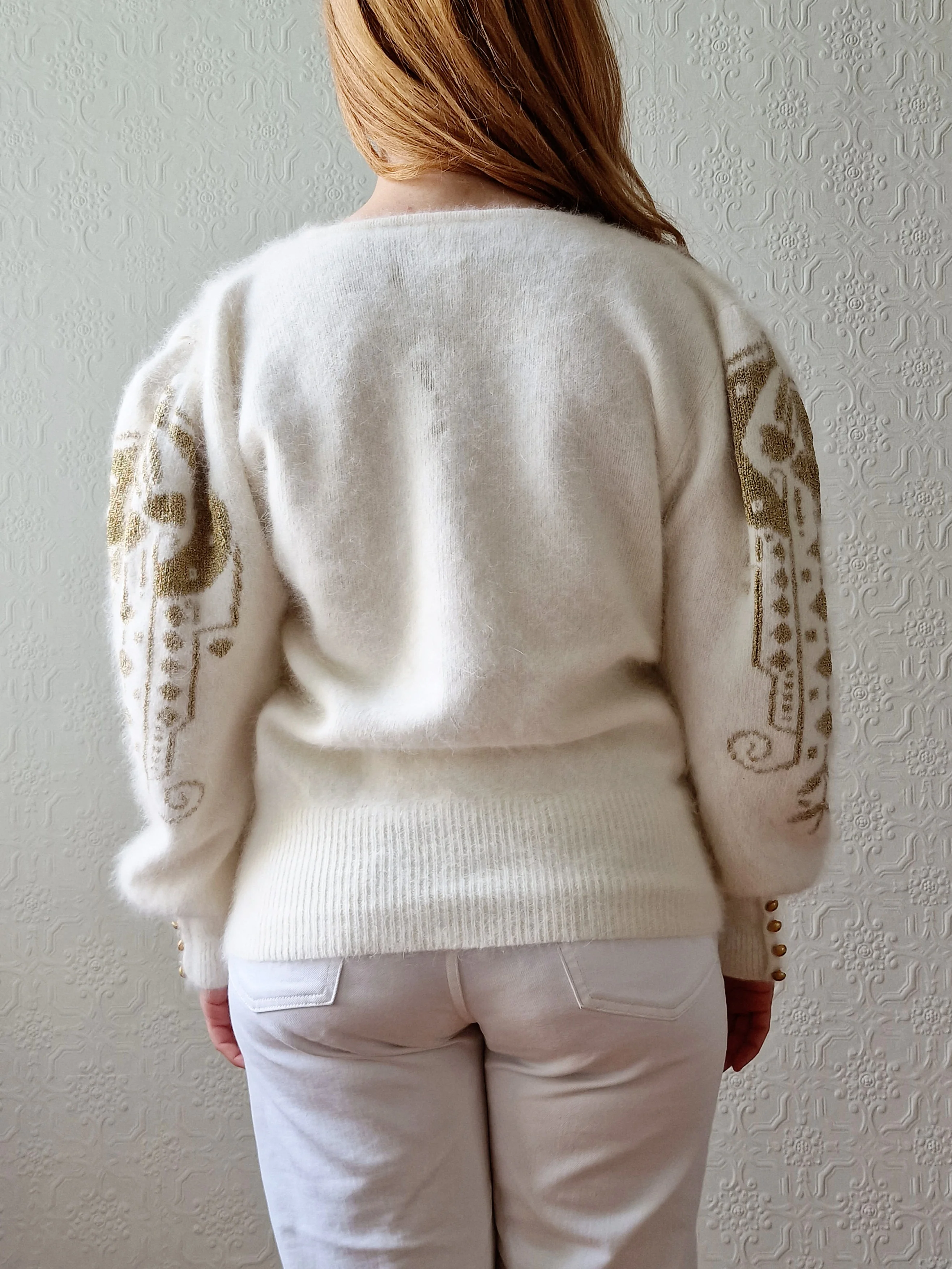 Vintage 80s Cream Angora Jumper with Gold Details - L - Image 4