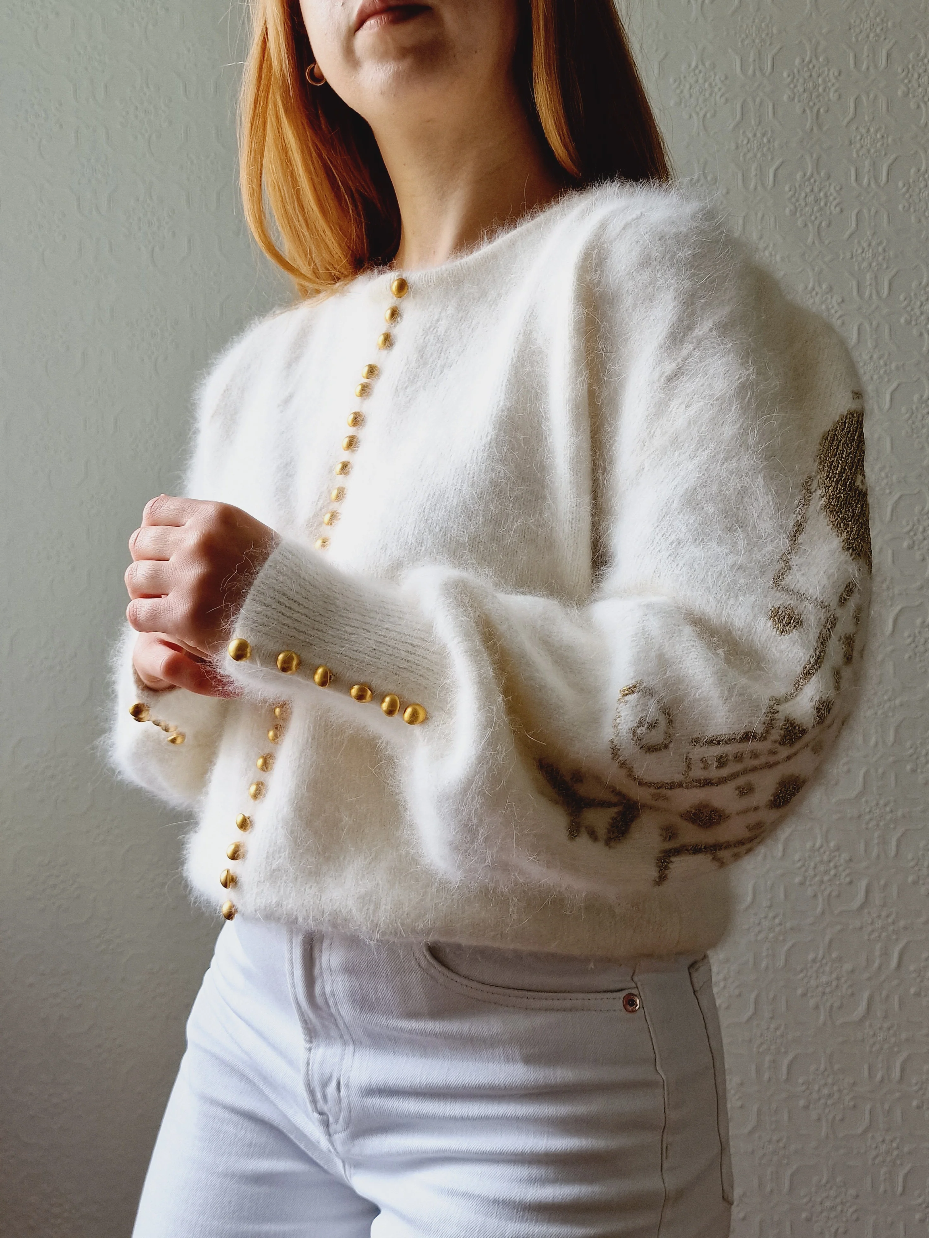 Vintage 80s Cream Angora Jumper with Gold Details - L - Image 5
