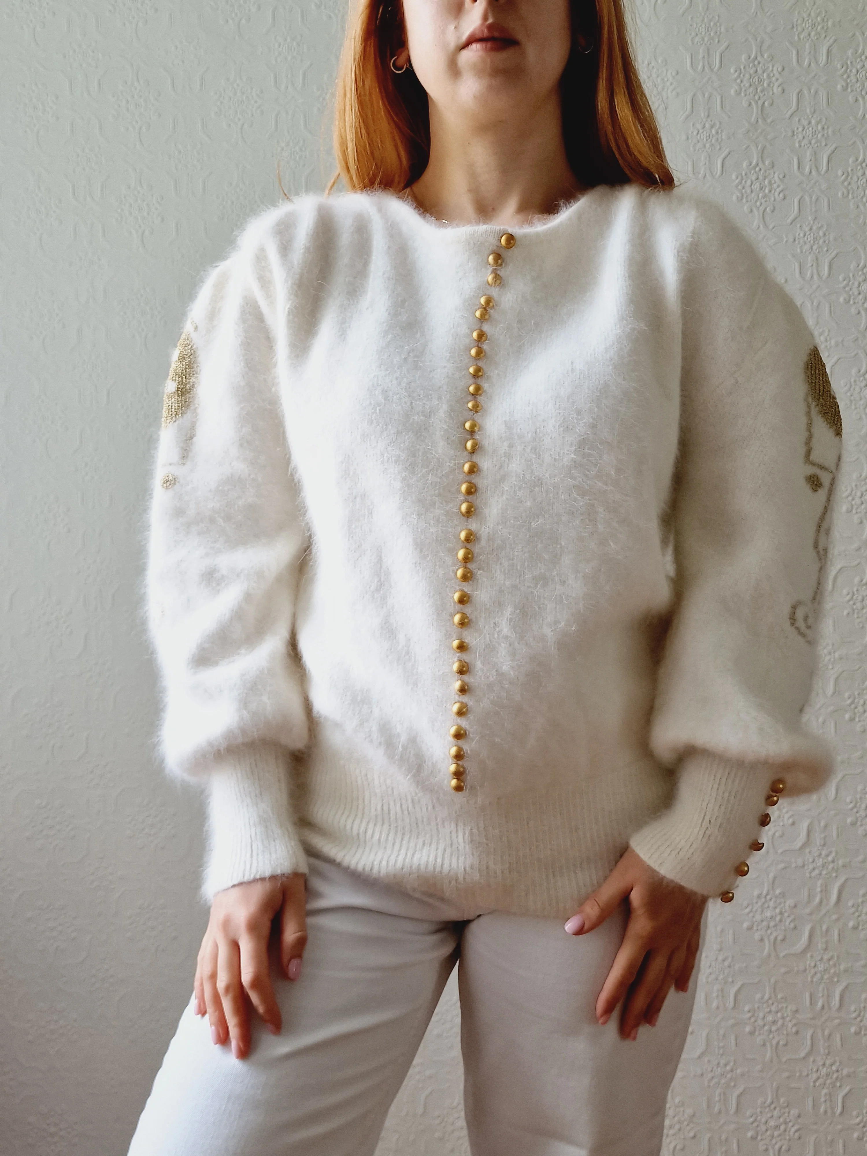 Vintage 80s Cream Angora Jumper with Gold Details - L - Image 6