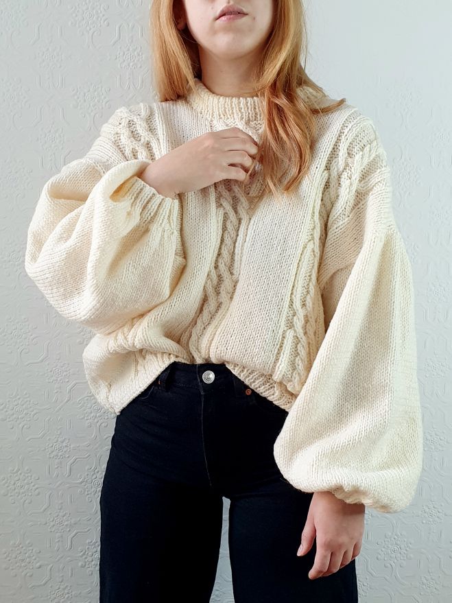 Vintage 80s Cream Balloon Sleeve Crew Neck Cable Knit Jumper - L