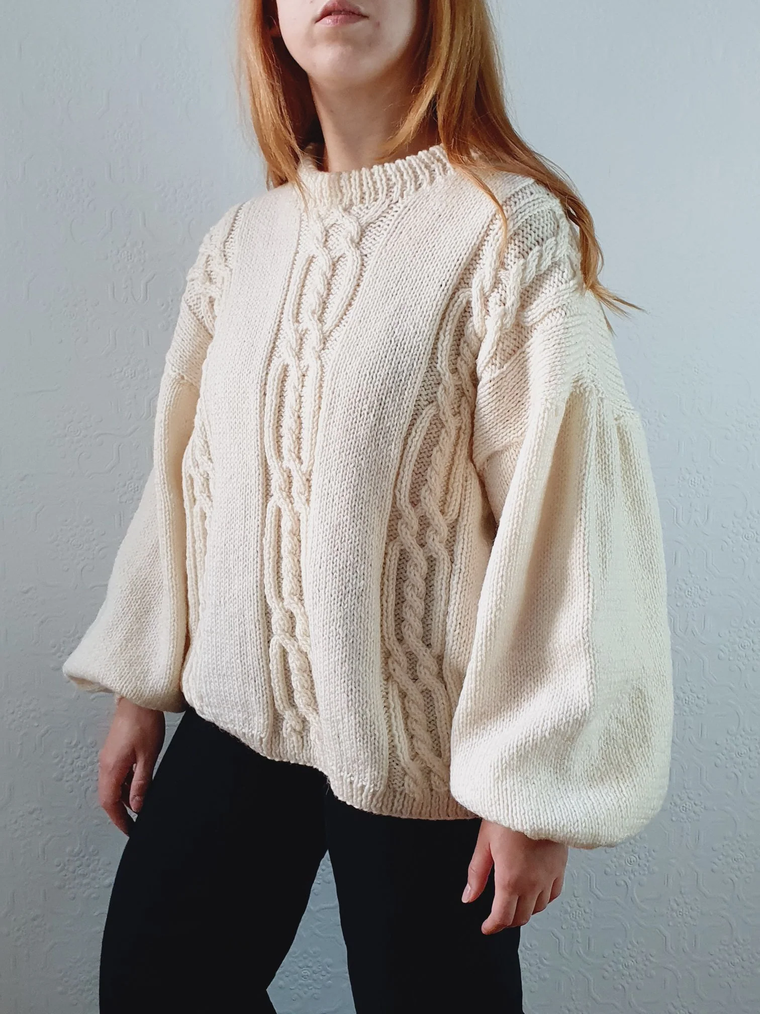 Vintage 80s Cream Balloon Sleeve Crew Neck Cable Knit Jumper - L - Image 10