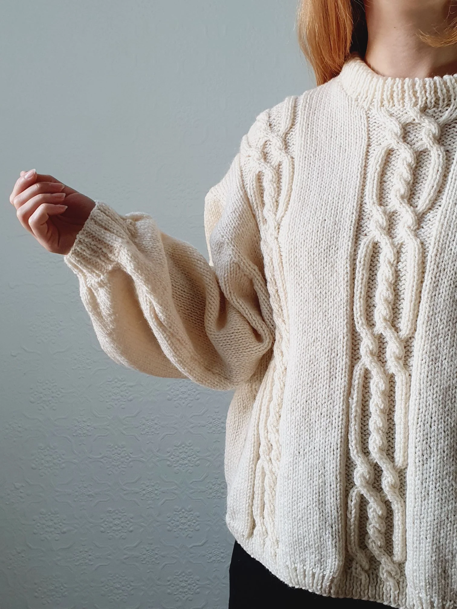 Vintage 80s Cream Balloon Sleeve Crew Neck Cable Knit Jumper - L - Image 13