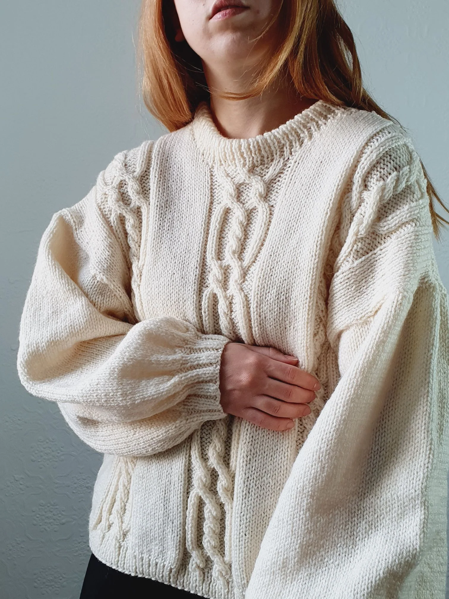 Vintage 80s Cream Balloon Sleeve Crew Neck Cable Knit Jumper - L - Image 14