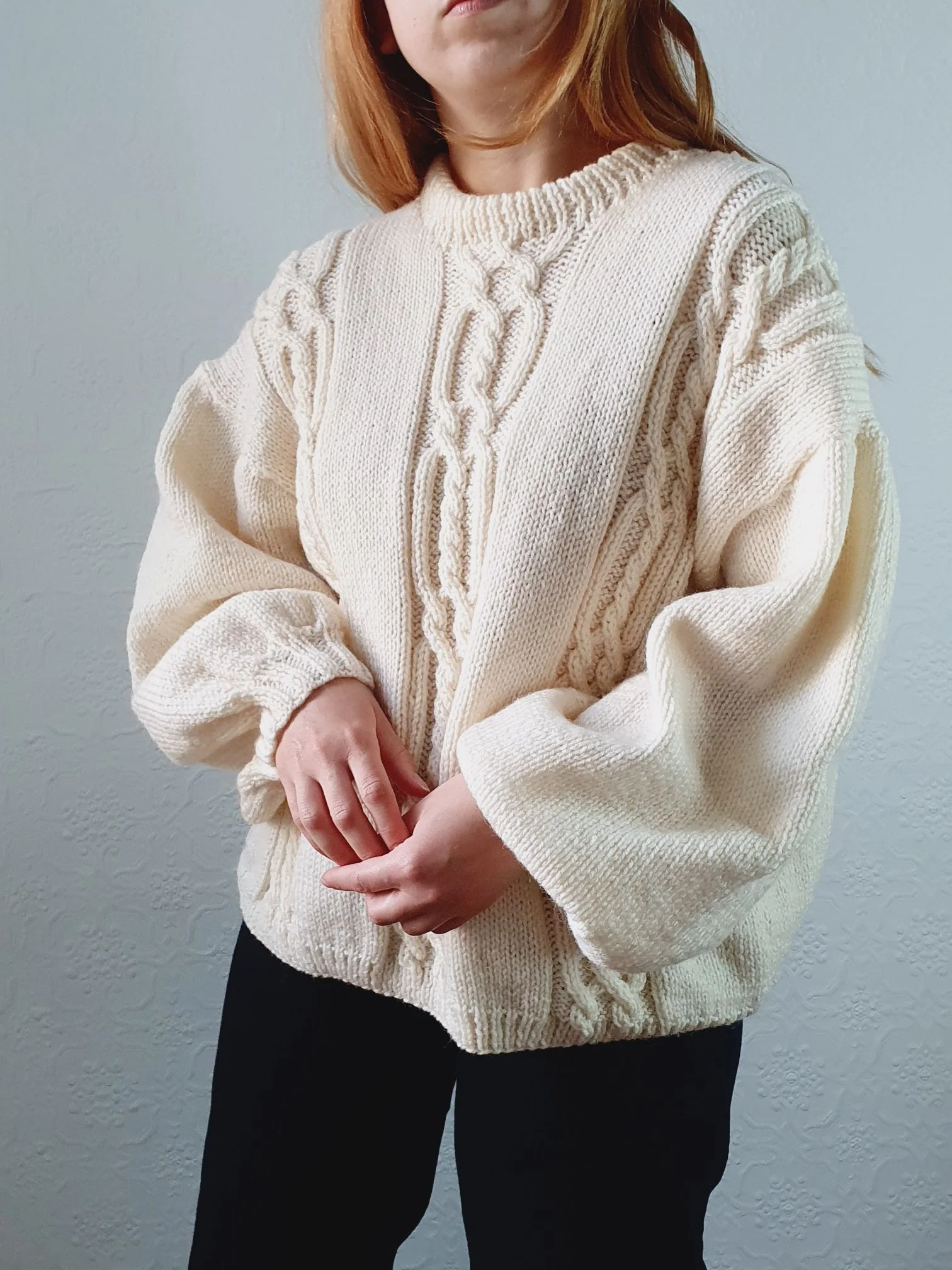 Vintage 80s Cream Balloon Sleeve Crew Neck Cable Knit Jumper - L - Image 15