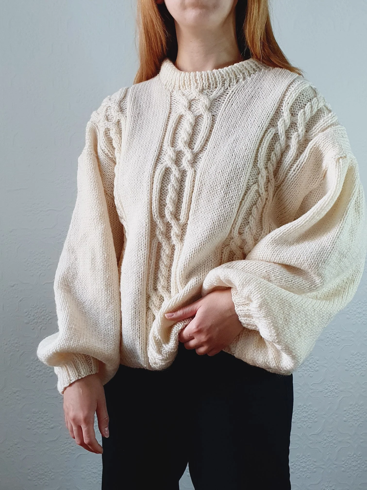 Vintage 80s Cream Balloon Sleeve Crew Neck Cable Knit Jumper - L - Image 2