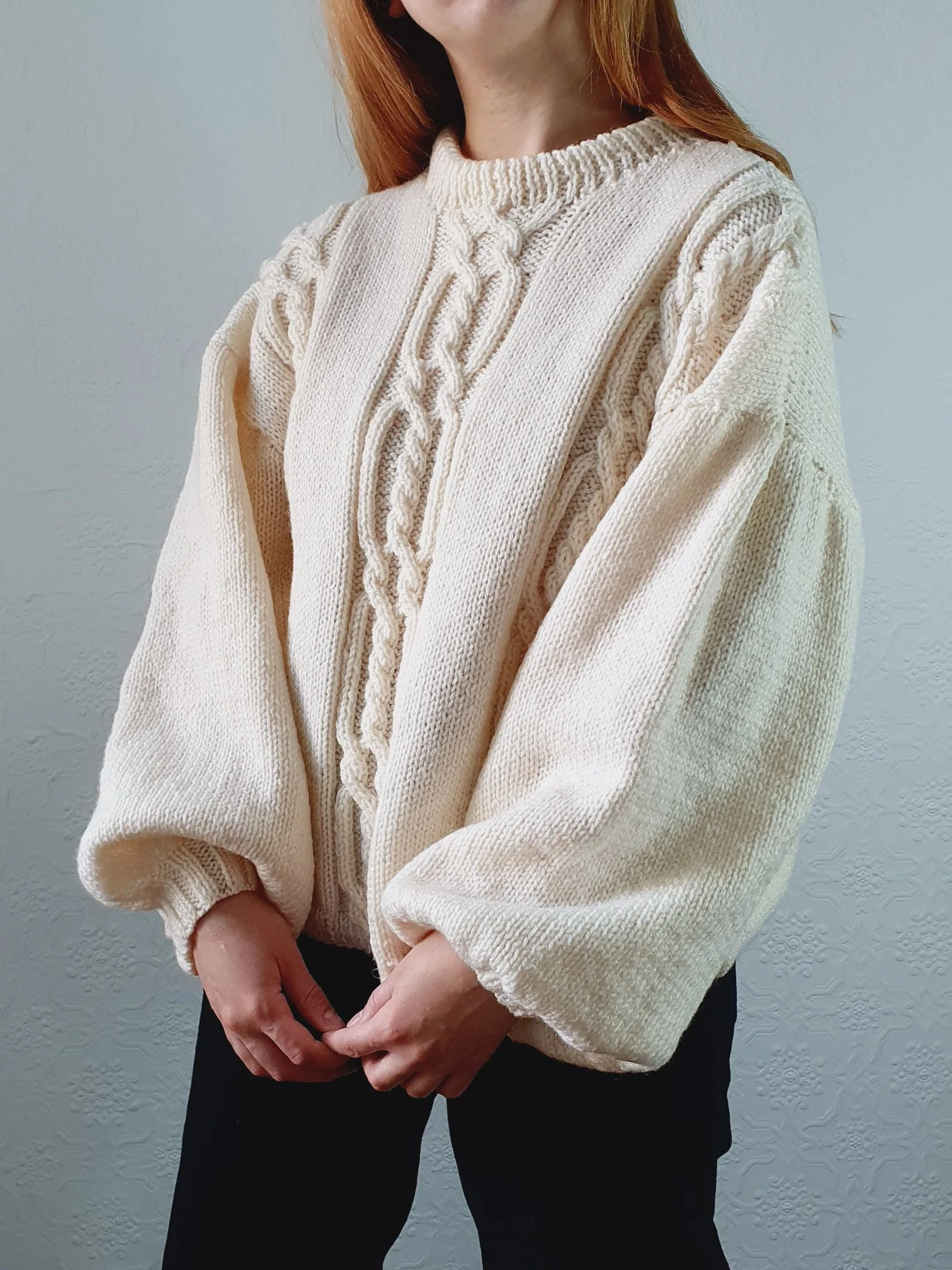 Vintage 80s Cream Balloon Sleeve Crew Neck Cable Knit Jumper - L - Image 3