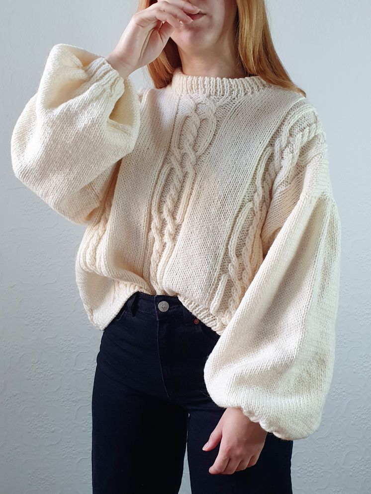 Vintage 80s Cream Balloon Sleeve Crew Neck Cable Knit Jumper - L - Image 4
