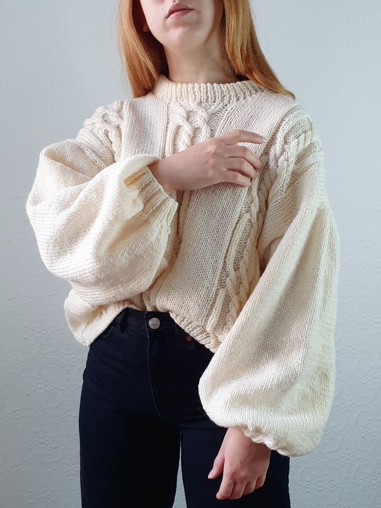 Vintage 80s Cream Balloon Sleeve Crew Neck Cable Knit Jumper - L - Image 5