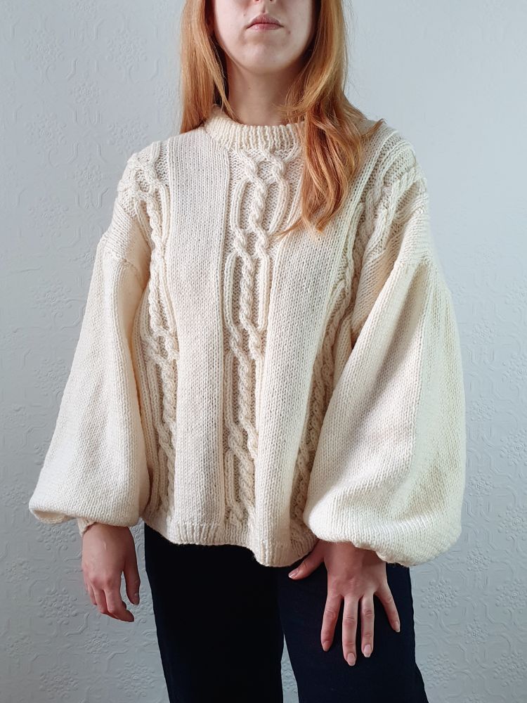 Vintage 80s Cream Balloon Sleeve Crew Neck Cable Knit Jumper - L - Image 6