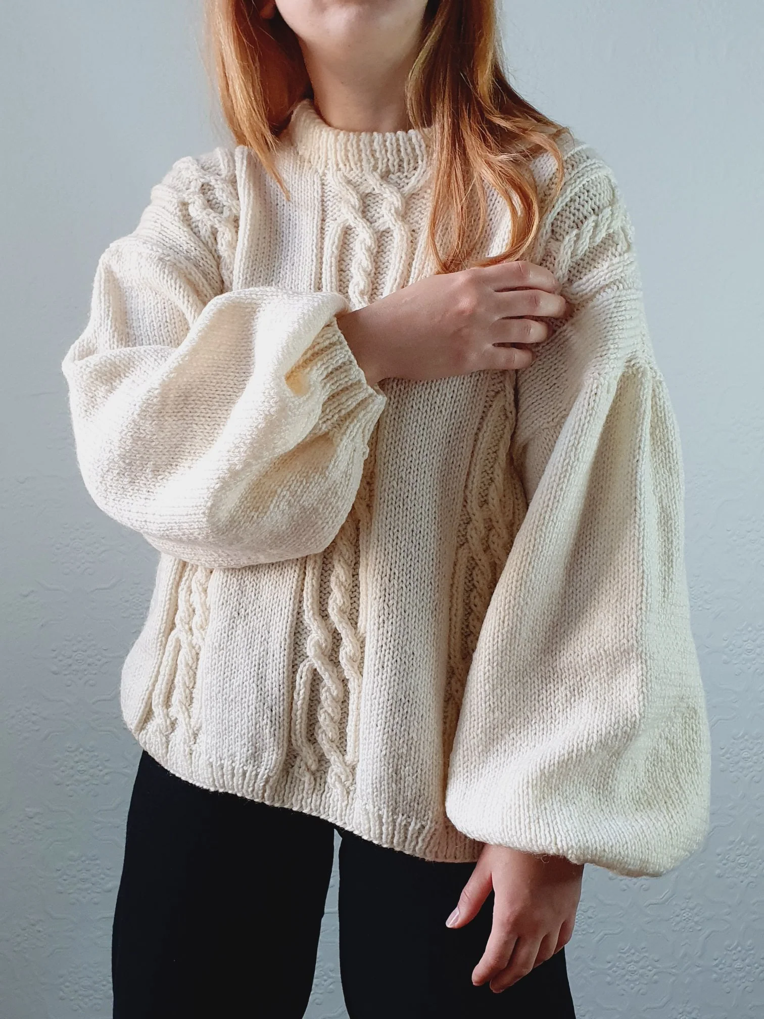 Vintage 80s Cream Balloon Sleeve Crew Neck Cable Knit Jumper - L - Image 7