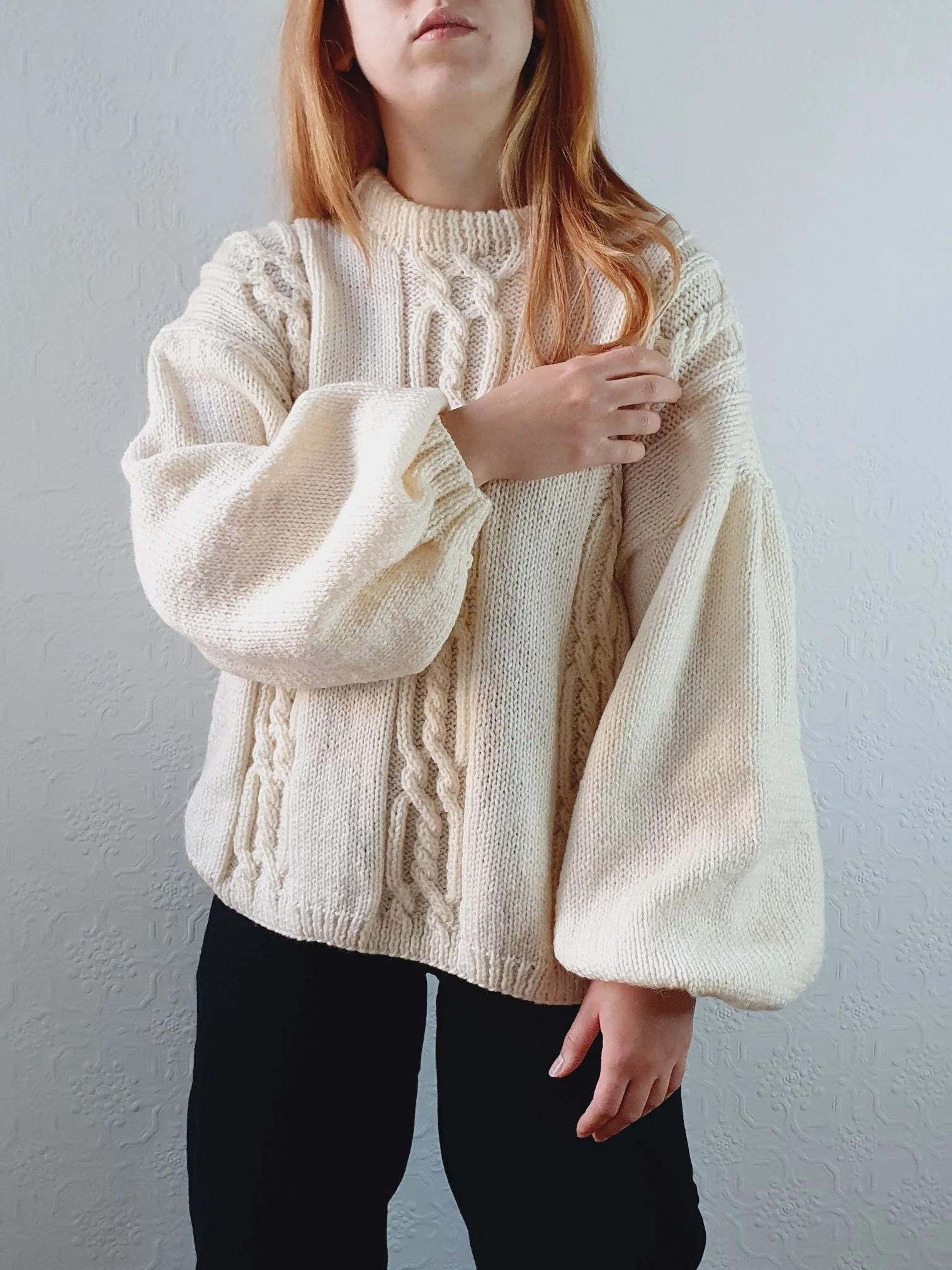 Vintage 80s Cream Balloon Sleeve Crew Neck Cable Knit Jumper - L - Image 8