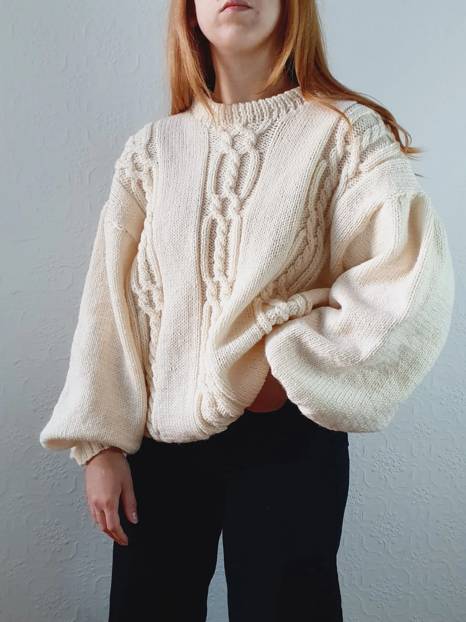 Vintage 80s Cream Balloon Sleeve Crew Neck Cable Knit Jumper - L - Image 9
