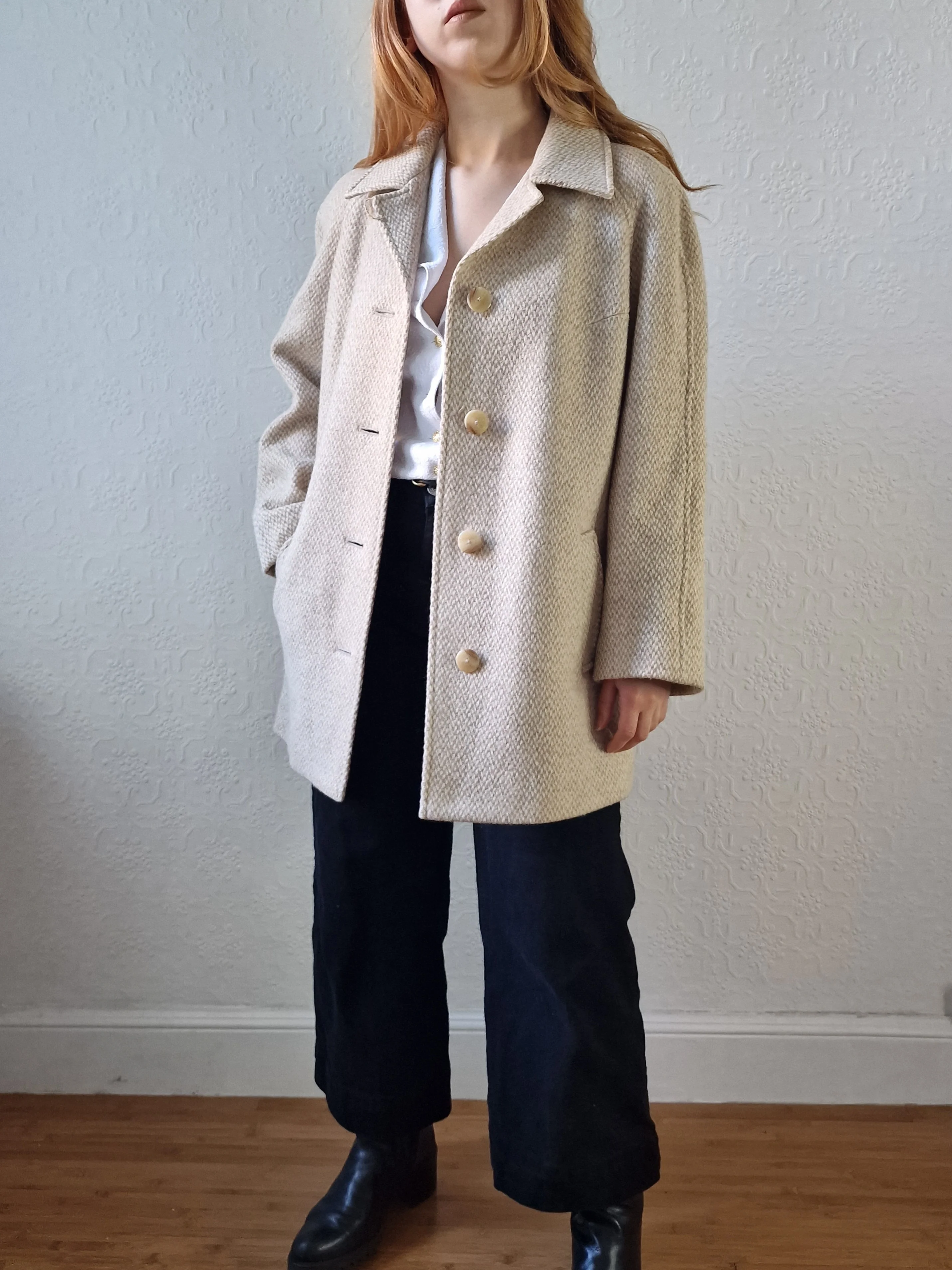 Vintage 80s Cream & Beige Single Breasted Wool Coat - M