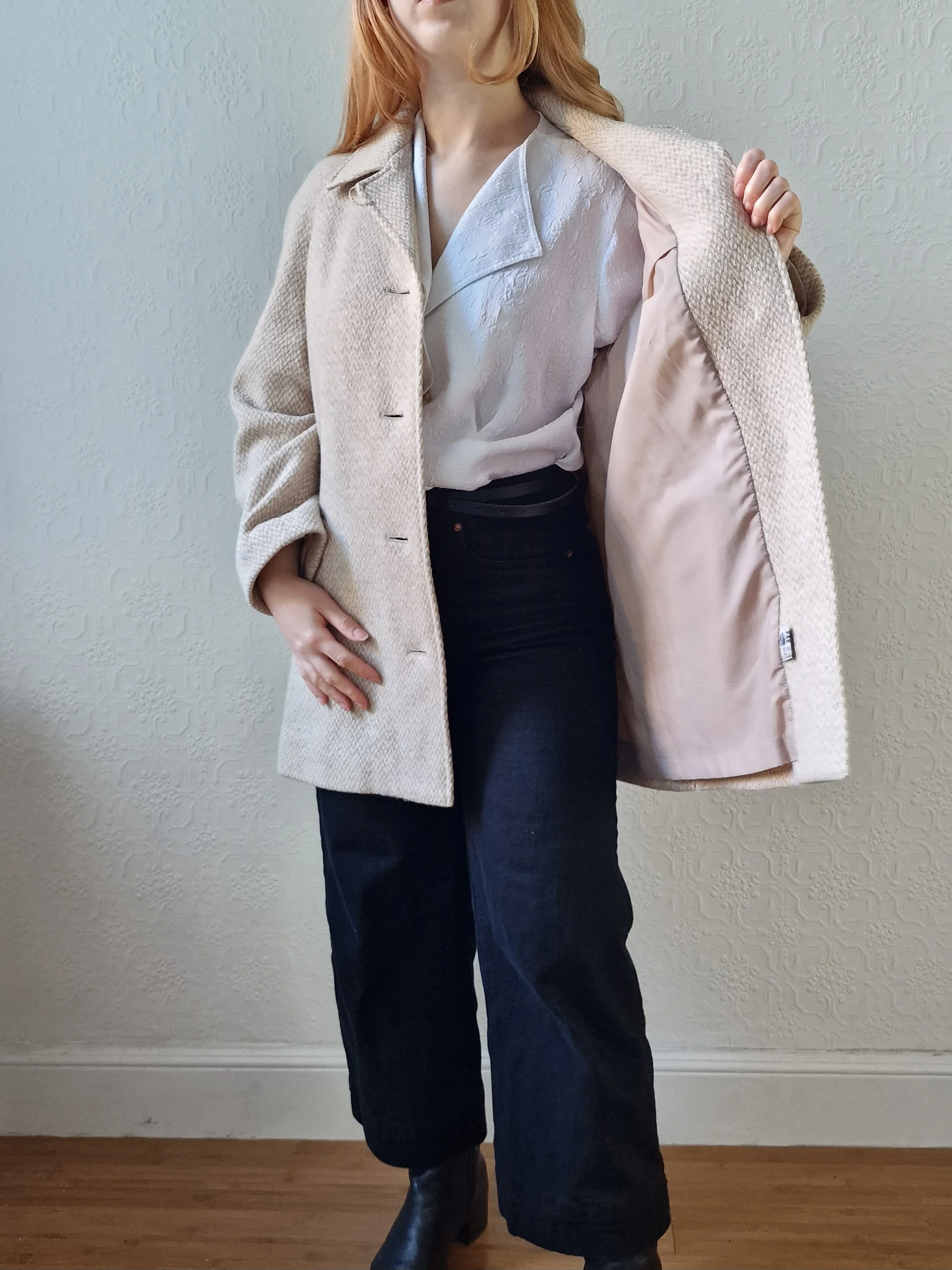 Vintage 80s Cream & Beige Single Breasted Wool Coat - M - Image 10