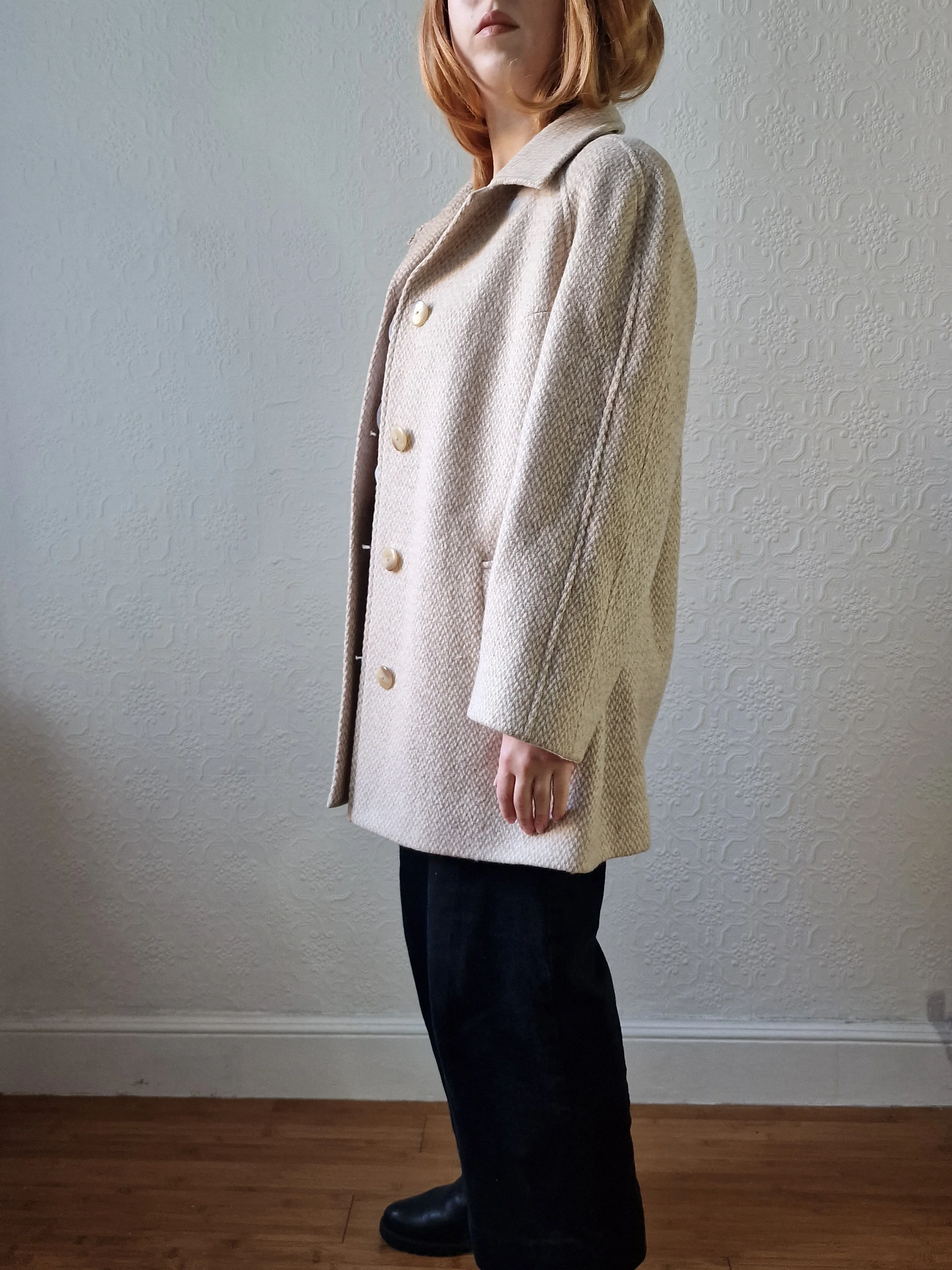 Vintage 80s Cream & Beige Single Breasted Wool Coat - M - Image 2