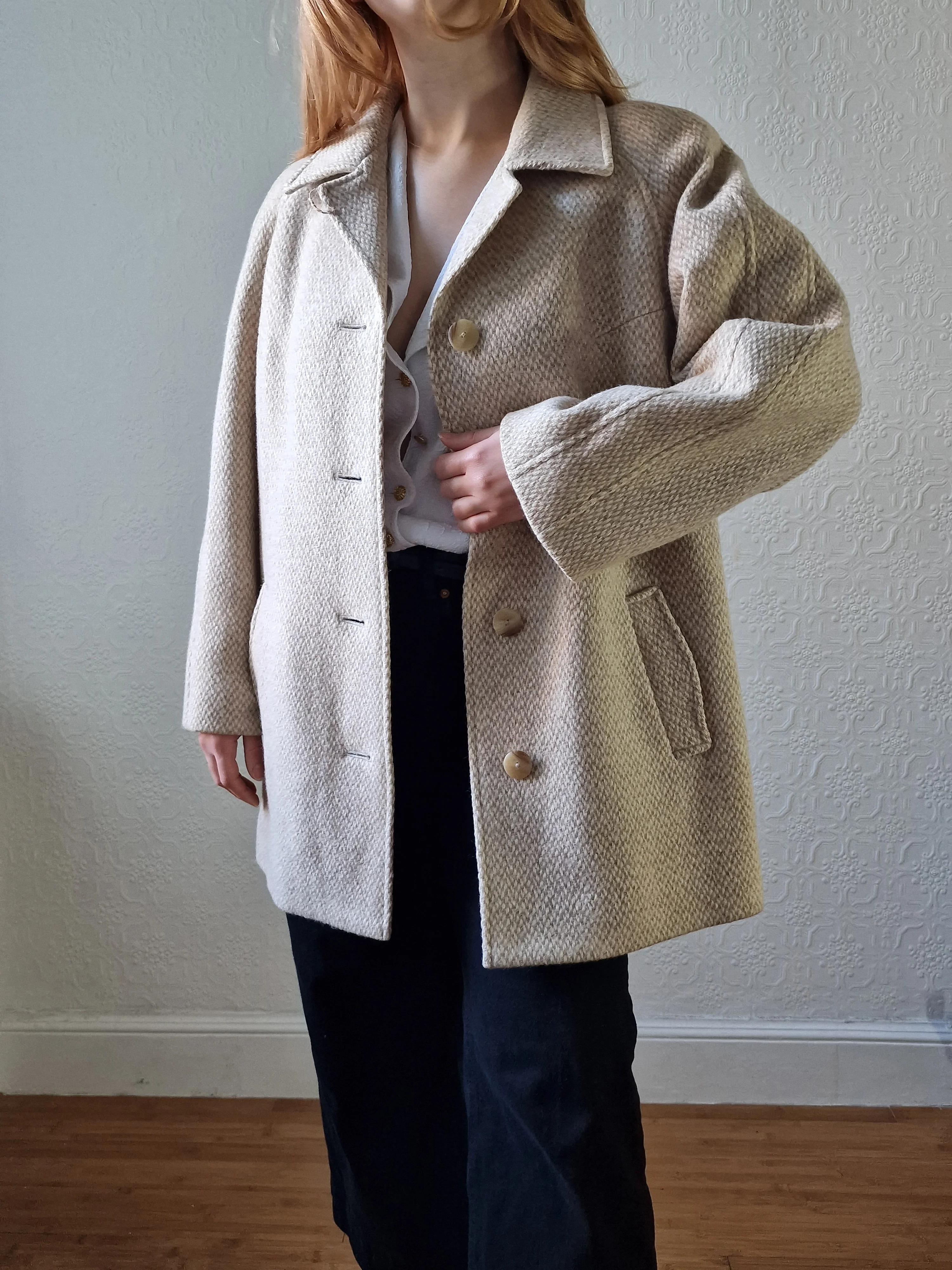 Vintage 80s Cream & Beige Single Breasted Wool Coat - M - Image 3
