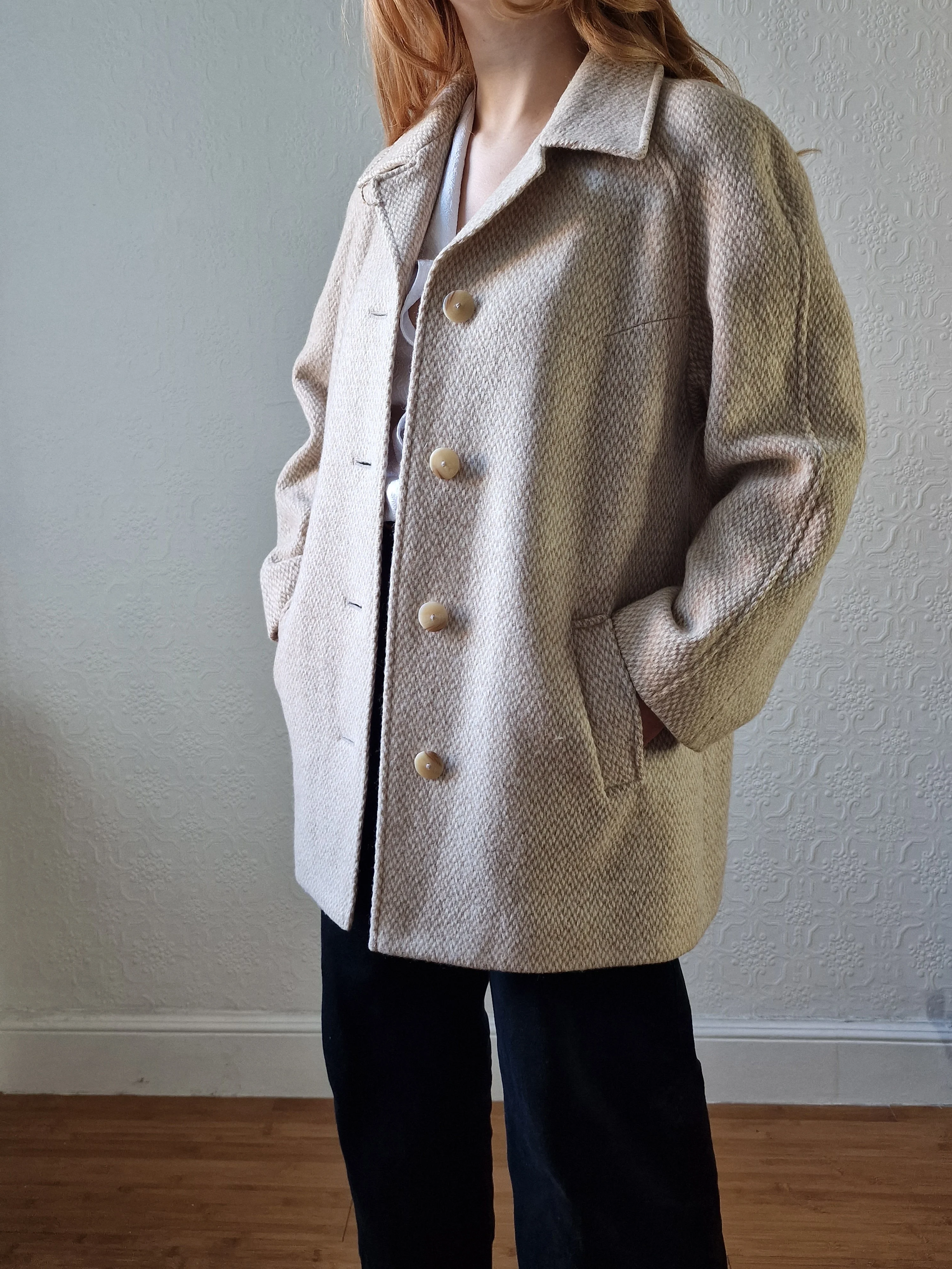 Vintage 80s Cream & Beige Single Breasted Wool Coat - M - Image 4