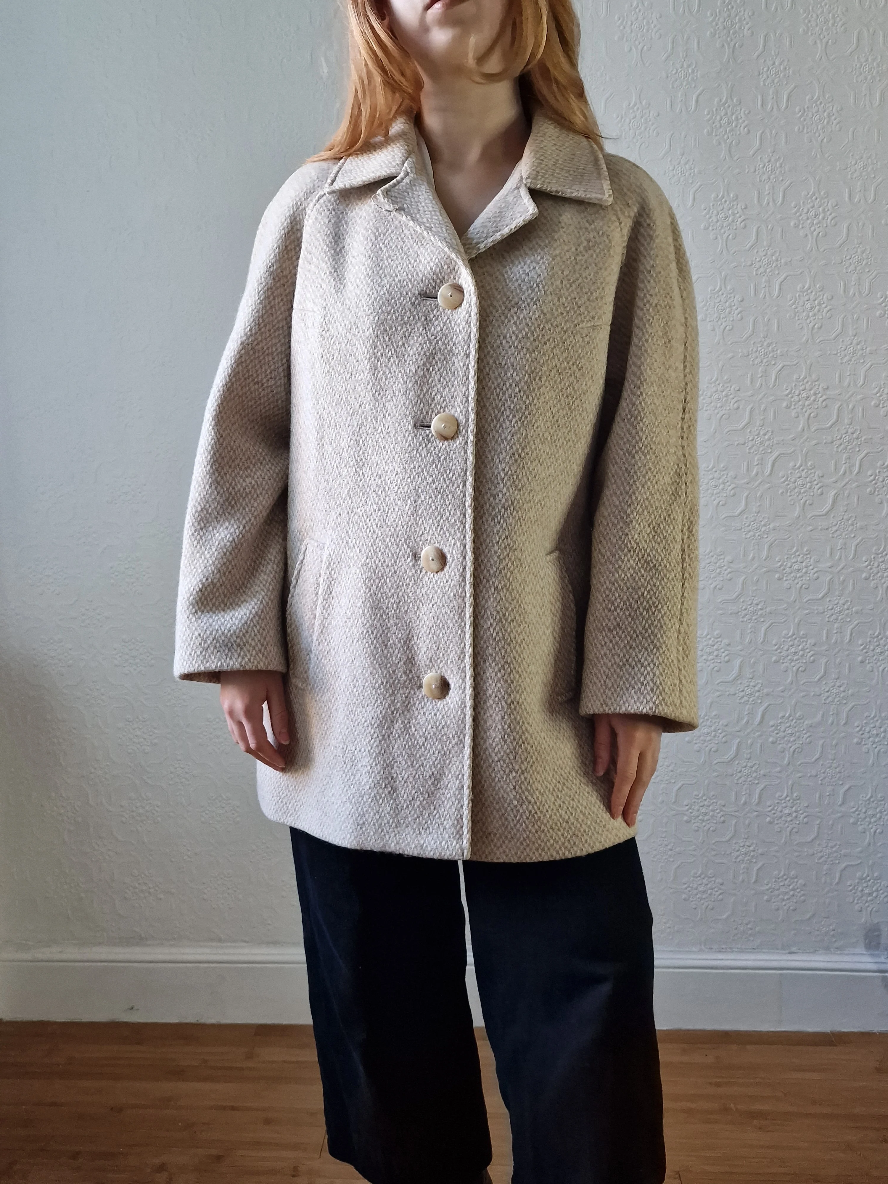 Vintage 80s Cream & Beige Single Breasted Wool Coat - M - Image 5