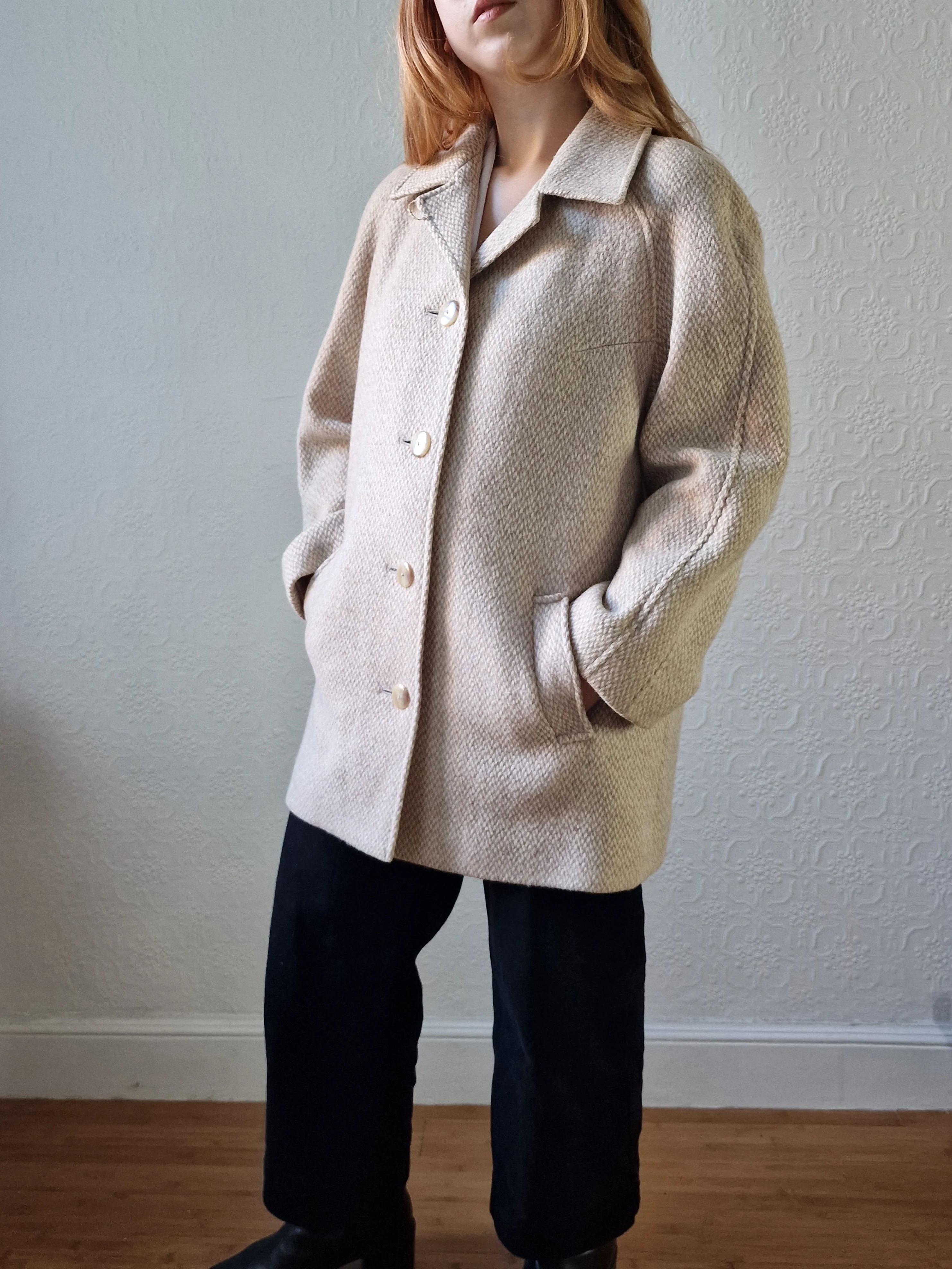 Vintage 80s Cream & Beige Single Breasted Wool Coat - M - Image 6