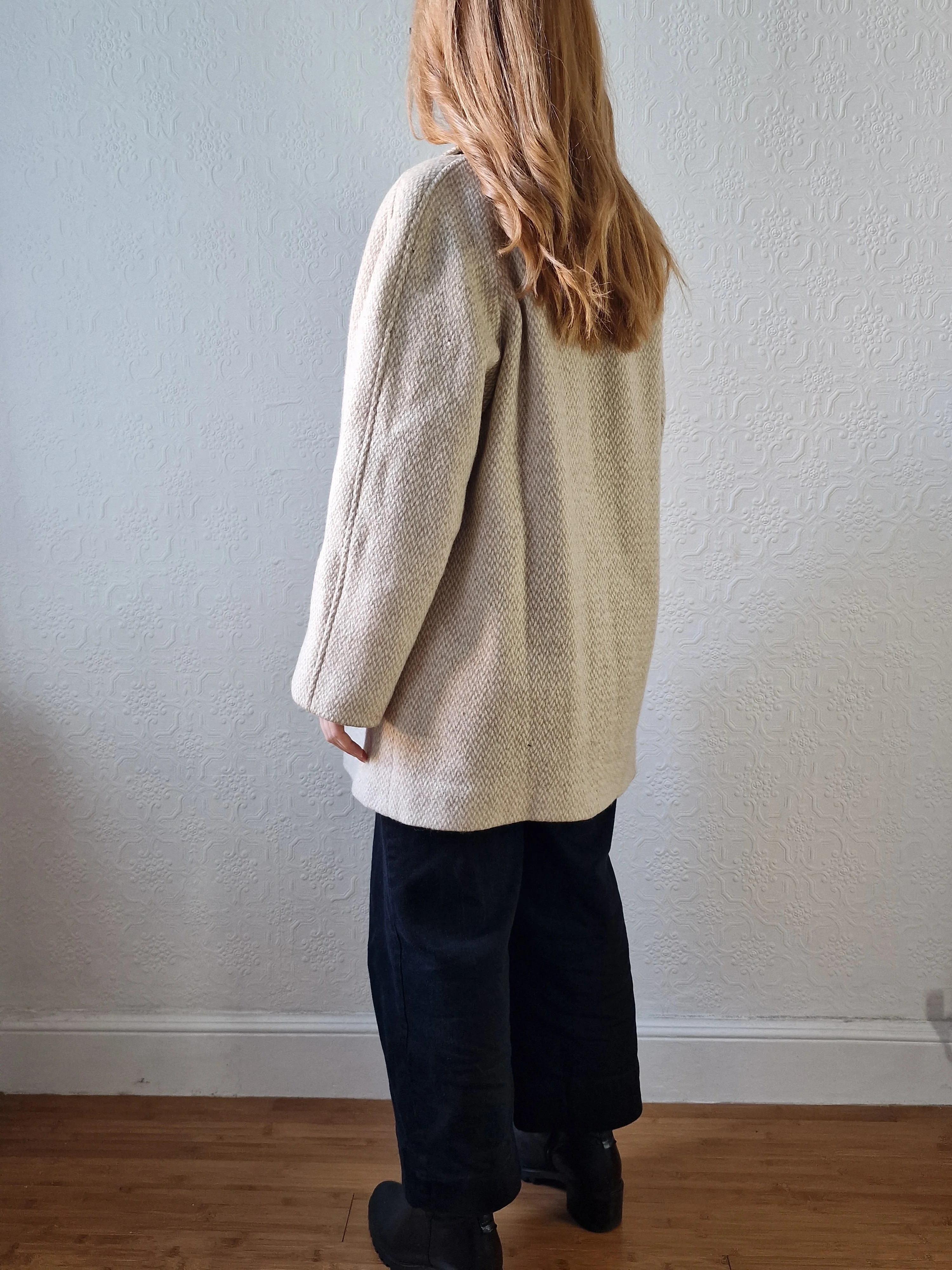 Vintage 80s Cream & Beige Single Breasted Wool Coat - M - Image 7