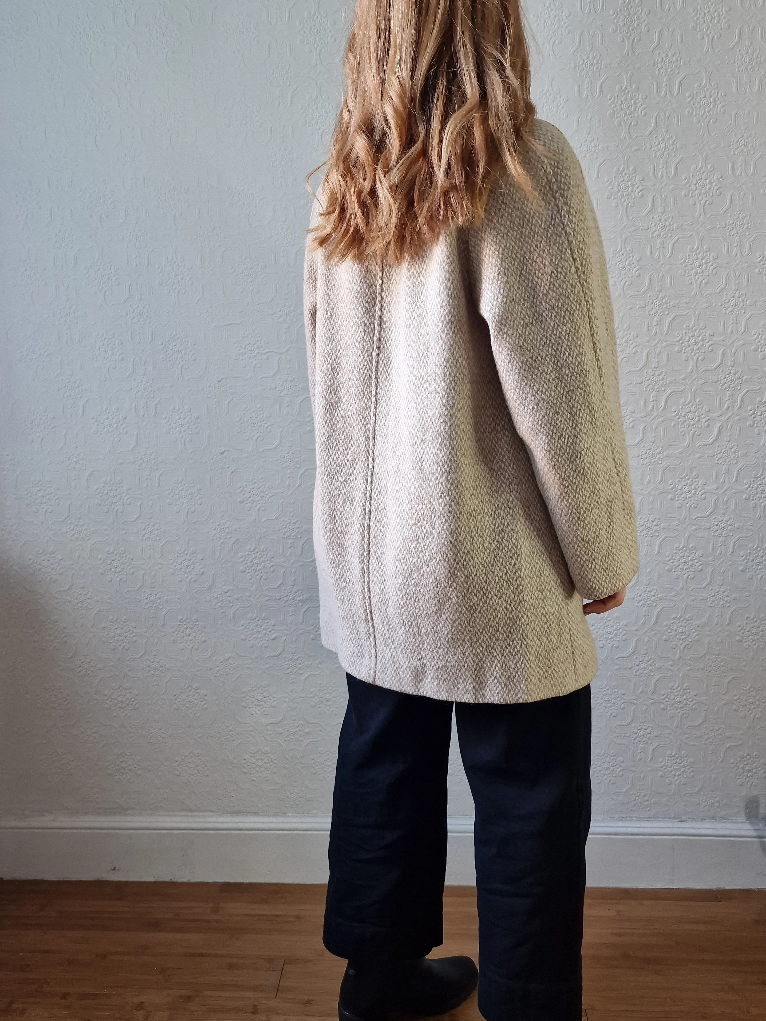 Vintage 80s Cream & Beige Single Breasted Wool Coat - M - Image 8