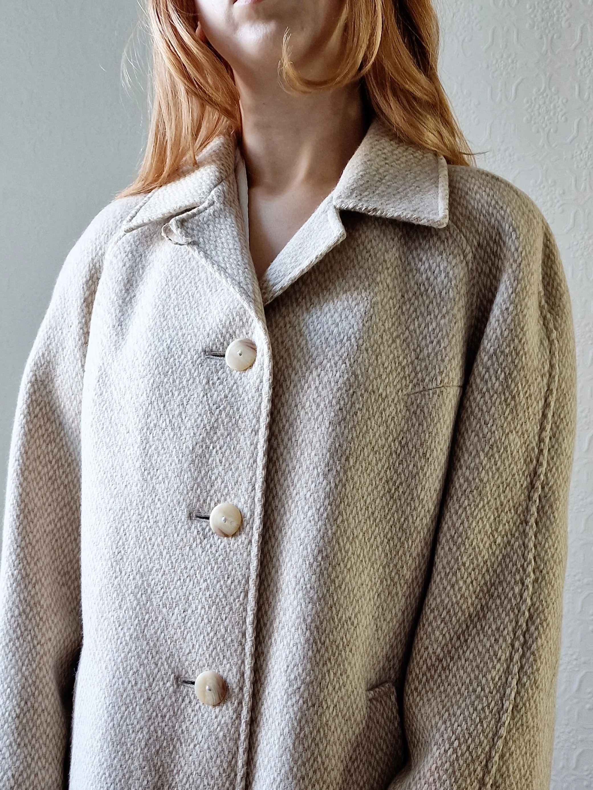 Vintage 80s Cream & Beige Single Breasted Wool Coat - M - Image 9