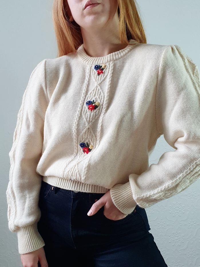 Vintage 80s Cream Crew Neck Austrian Wool Jumper with Floral Embroidery - S/M