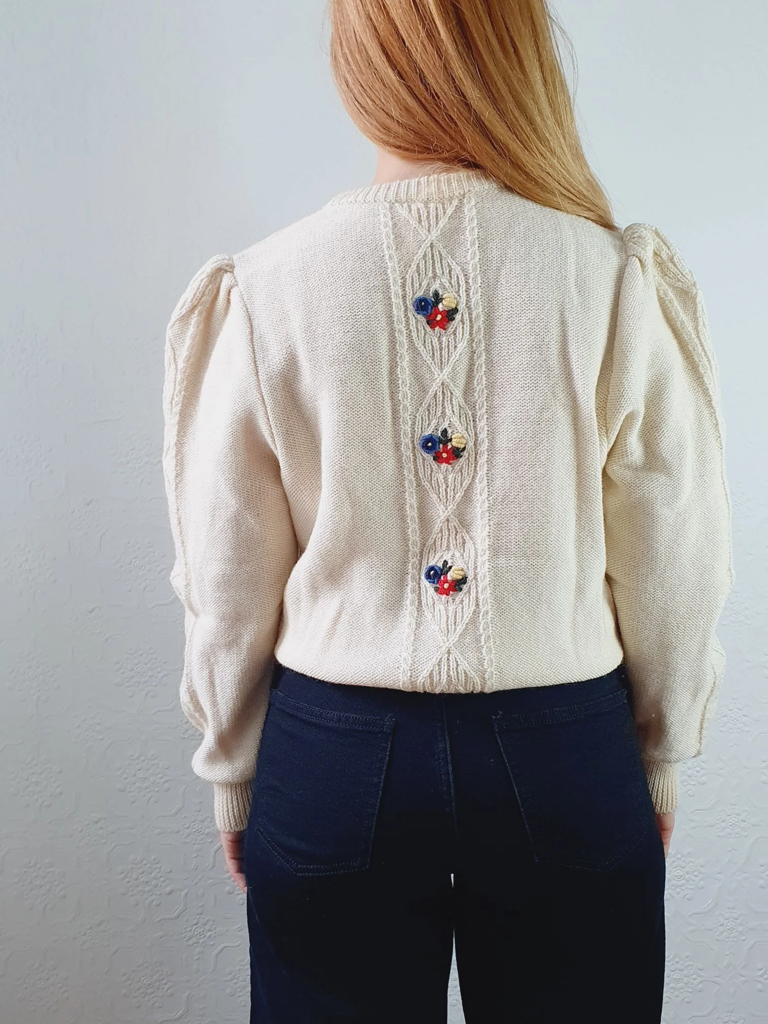 Vintage 80s Cream Crew Neck Austrian Wool Jumper with Floral Embroidery - S/M - Image 10