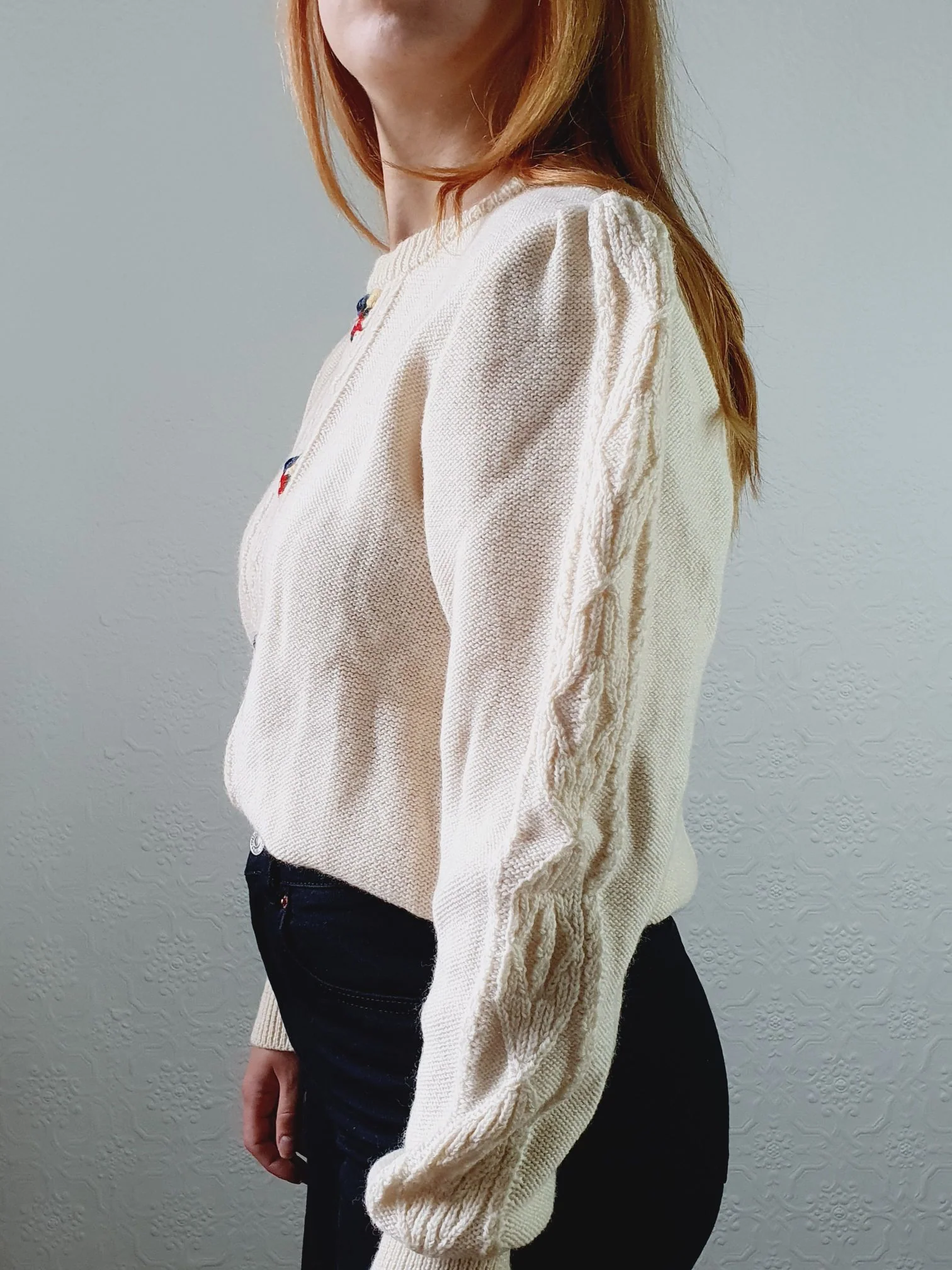 Vintage 80s Cream Crew Neck Austrian Wool Jumper with Floral Embroidery - S/M - Image 12
