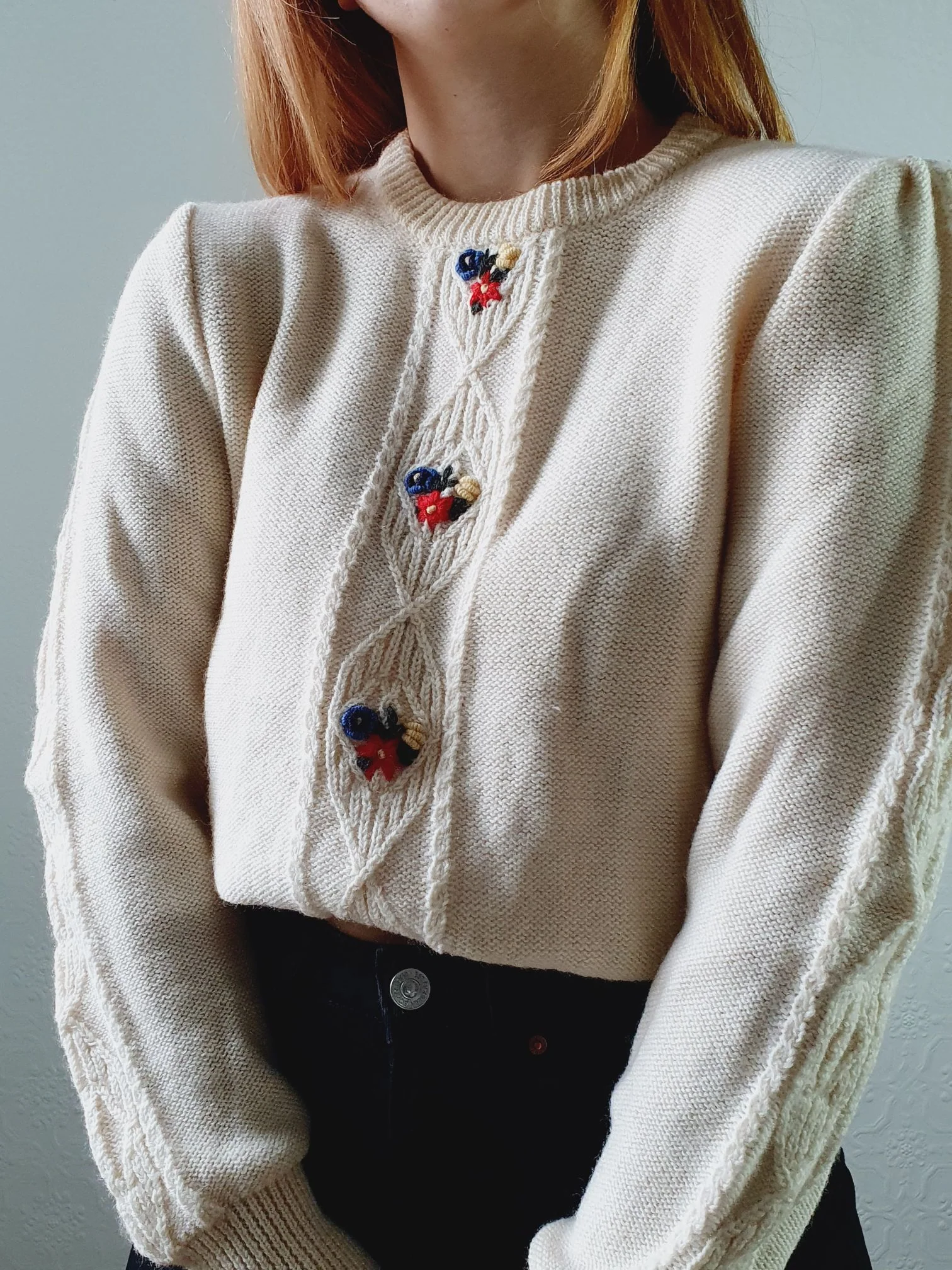 Vintage 80s Cream Crew Neck Austrian Wool Jumper with Floral Embroidery - S/M - Image 13