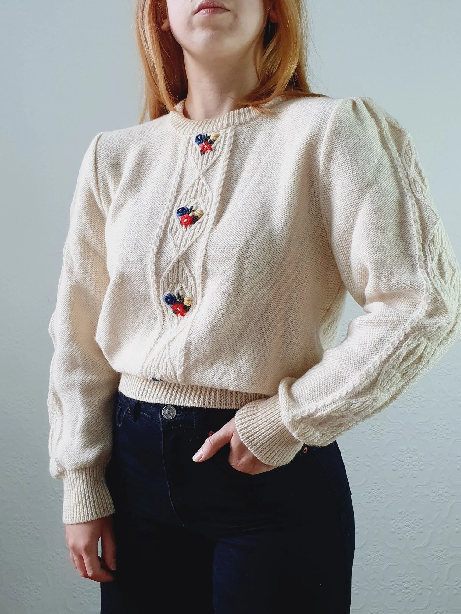 Vintage 80s Cream Crew Neck Austrian Wool Jumper with Floral Embroidery - S/M - Image 3