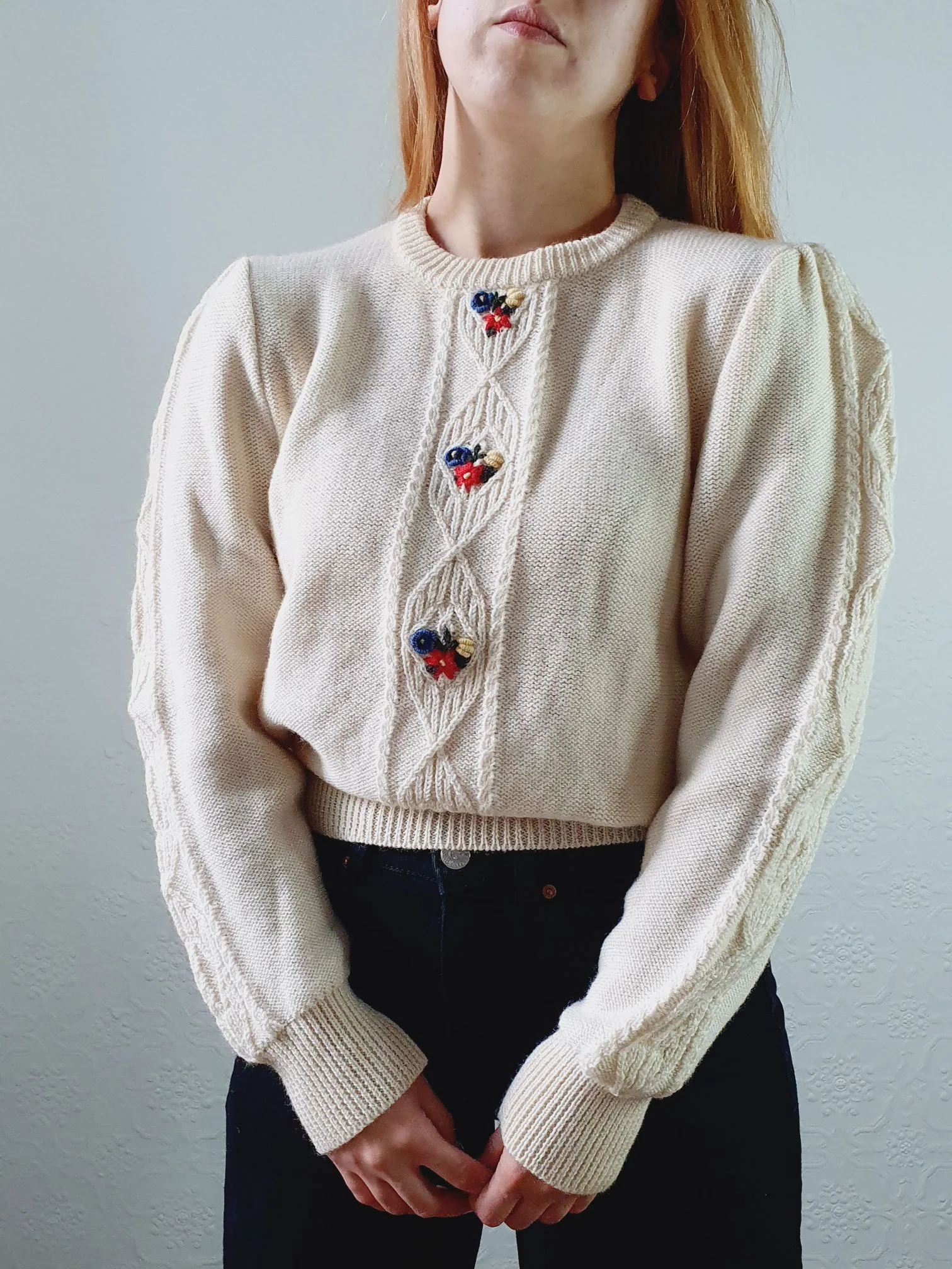 Vintage 80s Cream Crew Neck Austrian Wool Jumper with Floral Embroidery - S/M - Image 5