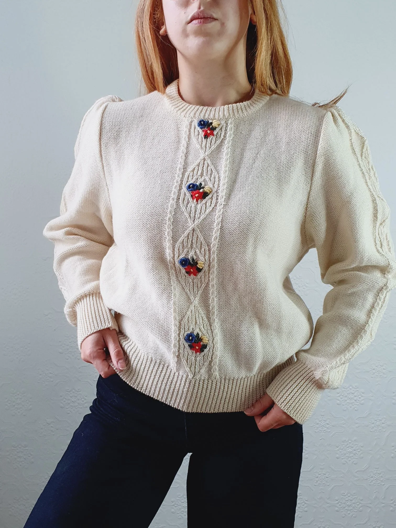 Vintage 80s Cream Crew Neck Austrian Wool Jumper with Floral Embroidery - S/M - Image 6