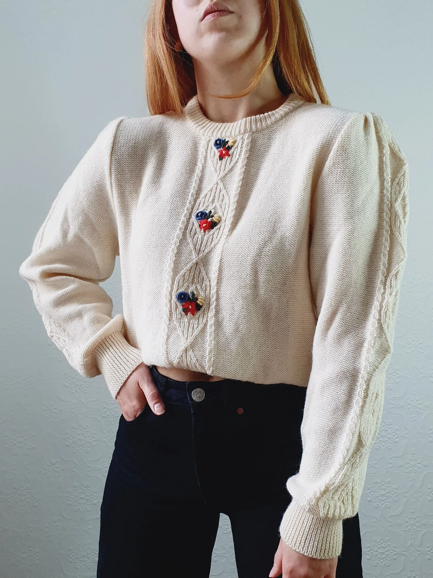 Vintage 80s Cream Crew Neck Austrian Wool Jumper with Floral Embroidery - S/M - Image 8