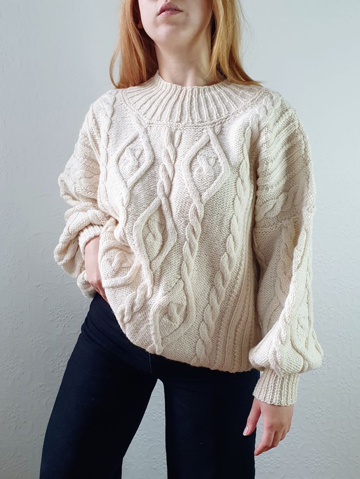 Vintage 80s Cream Crew Neck Cable Knit Aran Jumper - M/L - Image 3