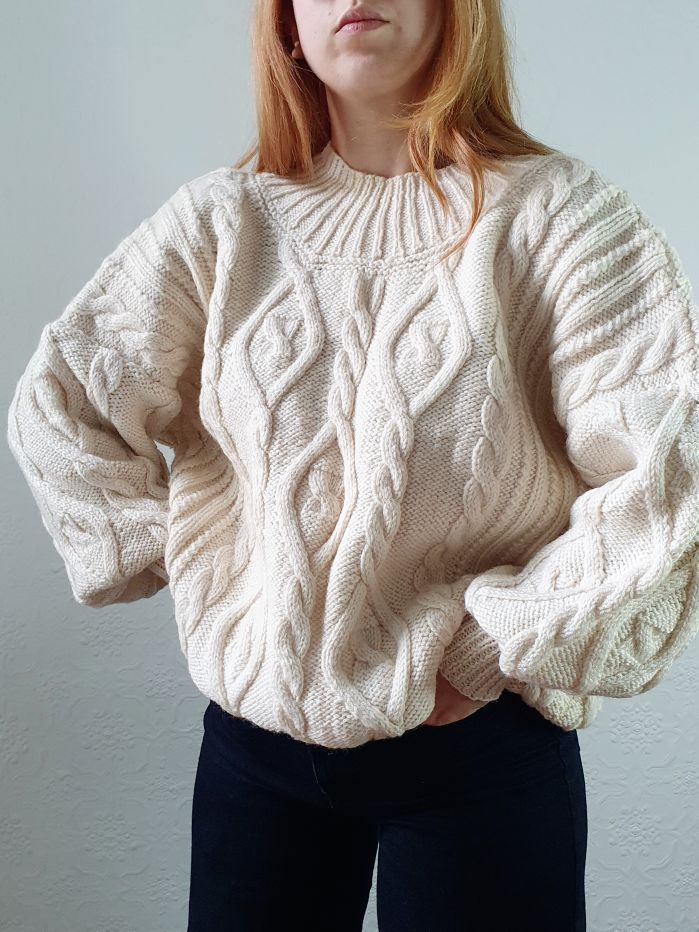 Vintage 80s Cream Crew Neck Cable Knit Aran Jumper - M/L - Image 9