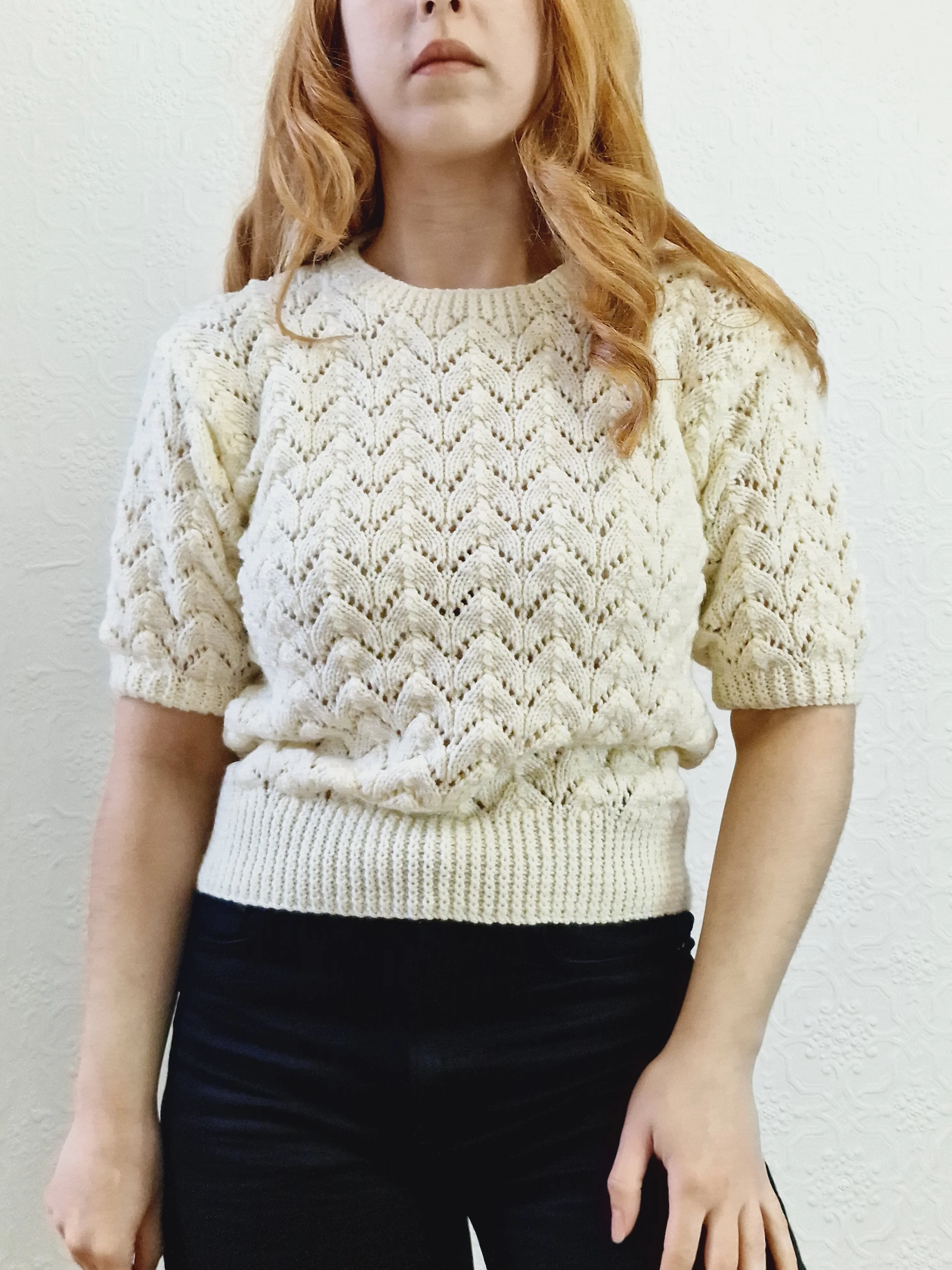 Vintage 80s Cream Crew Neck Handknitted Jumper Top with Short Sleeves - S - Image 2