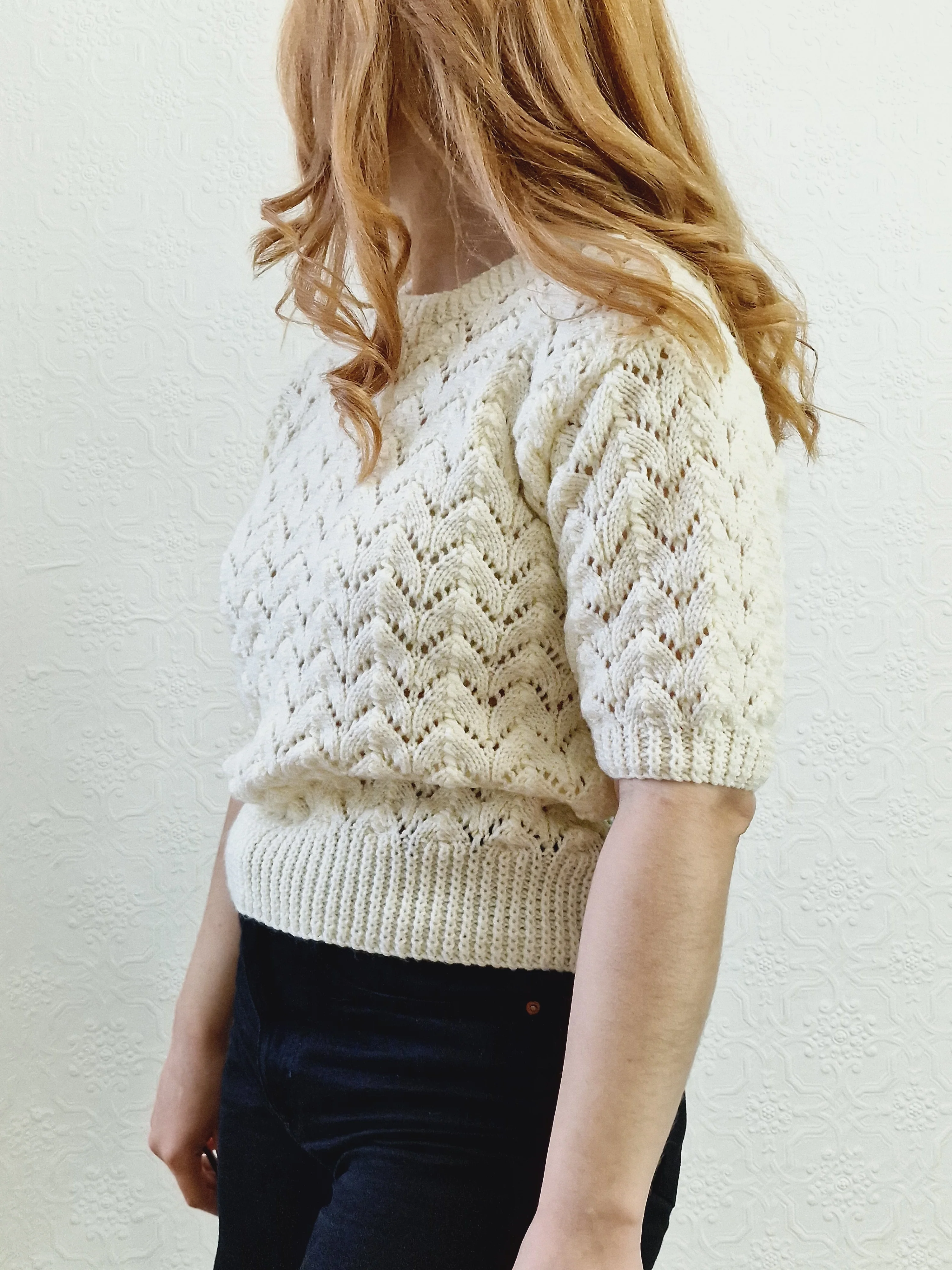 Vintage 80s Cream Crew Neck Handknitted Jumper Top with Short Sleeves - S - Image 3
