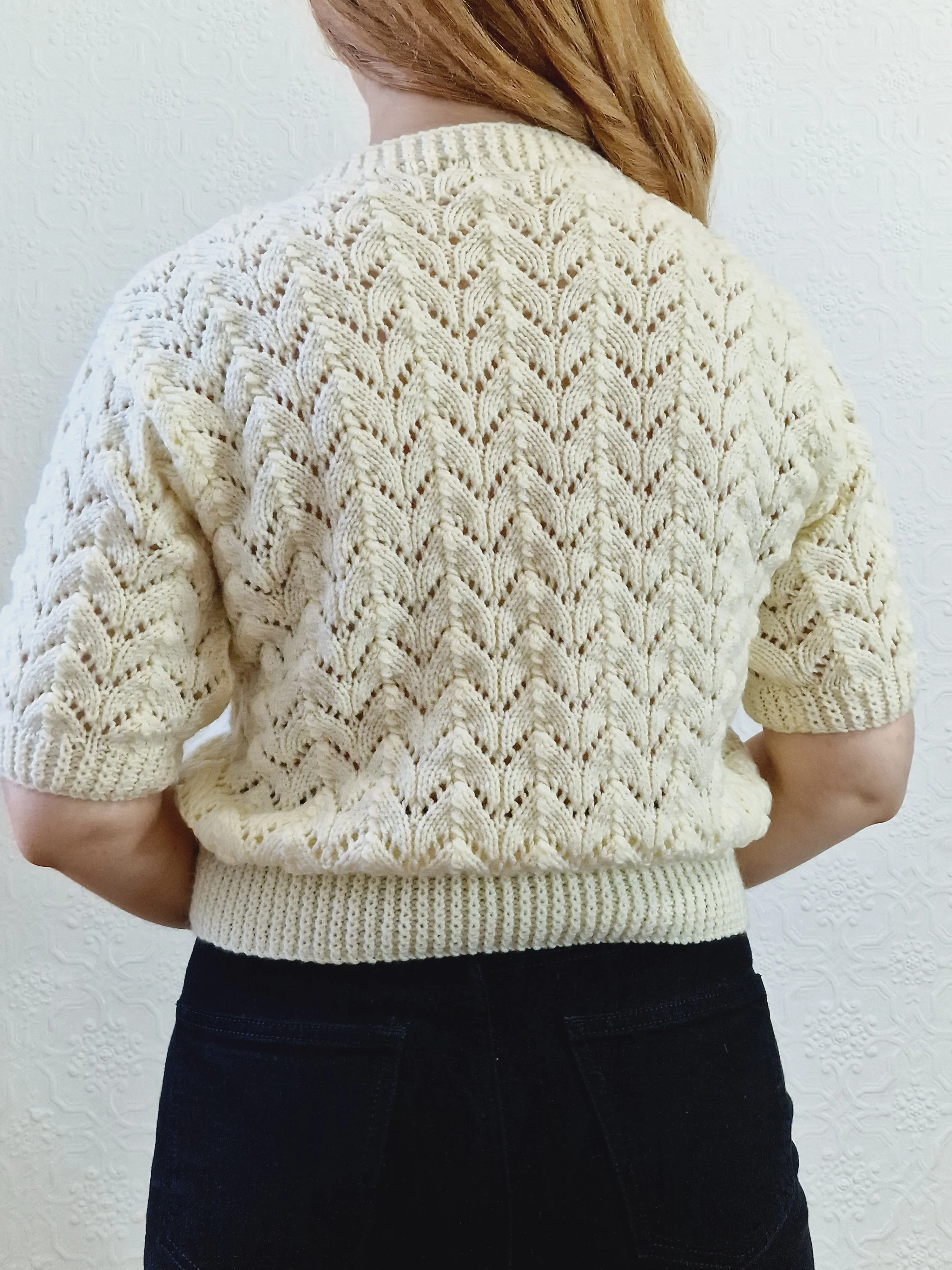 Vintage 80s Cream Crew Neck Handknitted Jumper Top with Short Sleeves - S - Image 4