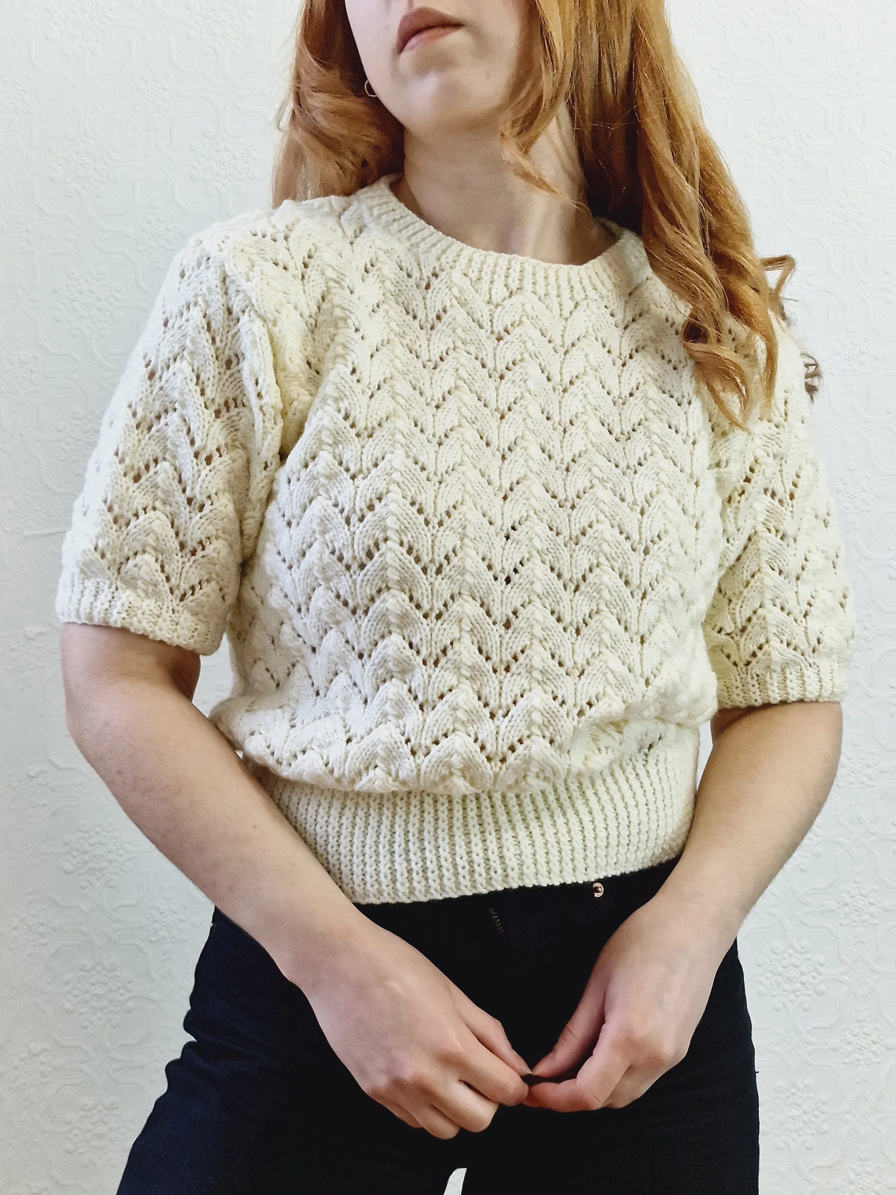 Vintage 80s Cream Crew Neck Handknitted Jumper Top with Short Sleeves - S - Image 5