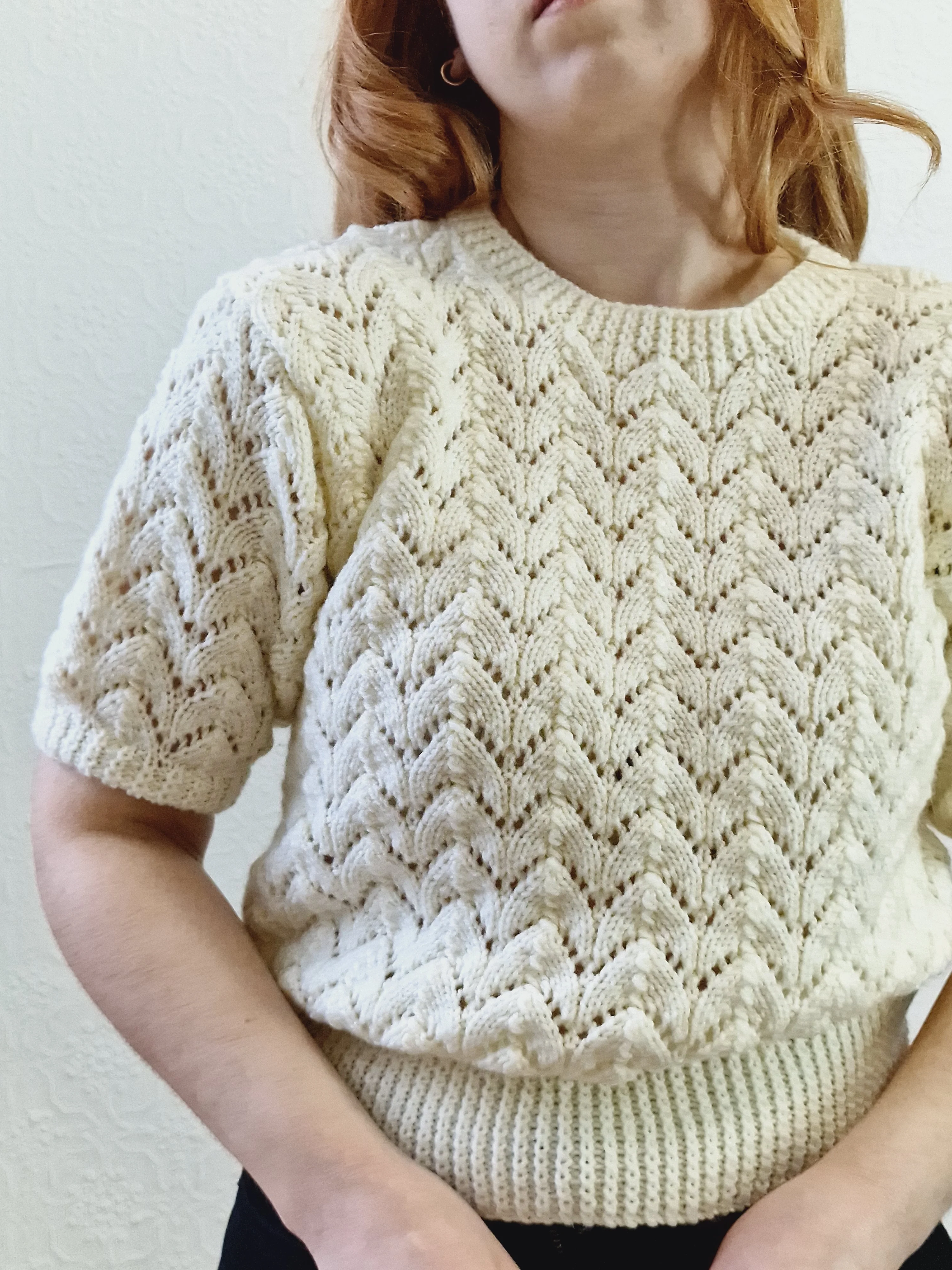 Vintage 80s Cream Crew Neck Handknitted Jumper Top with Short Sleeves - S - Image 6