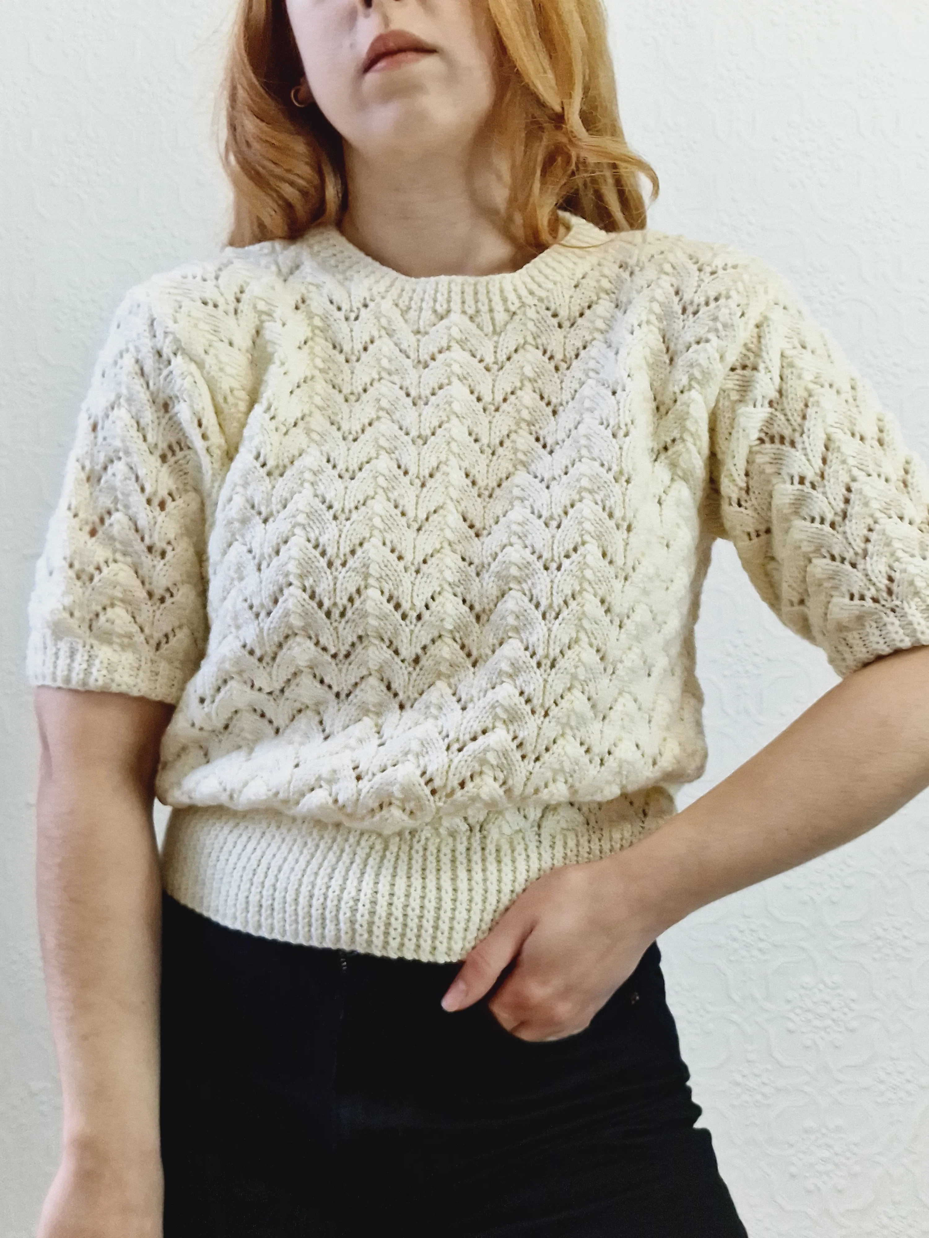 Vintage 80s Cream Crew Neck Handknitted Jumper Top with Short Sleeves - S - Image 7