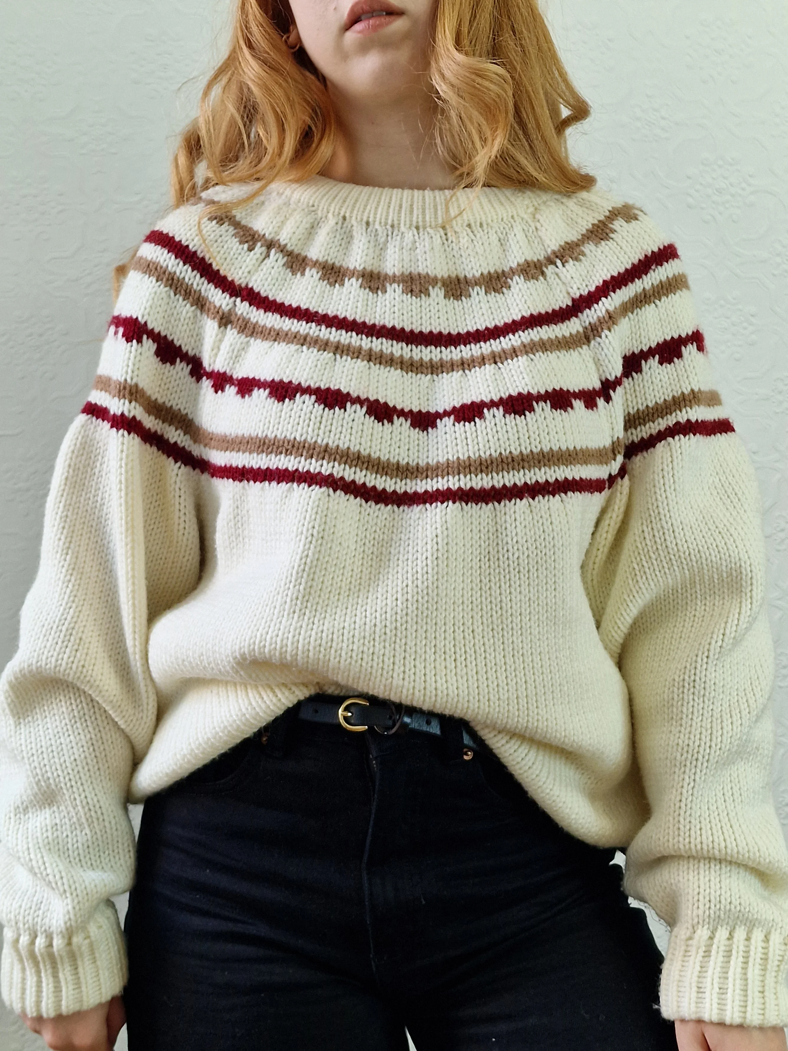 Vintage 80s Cream Icelandic Style Jumper with Crew Neck - L