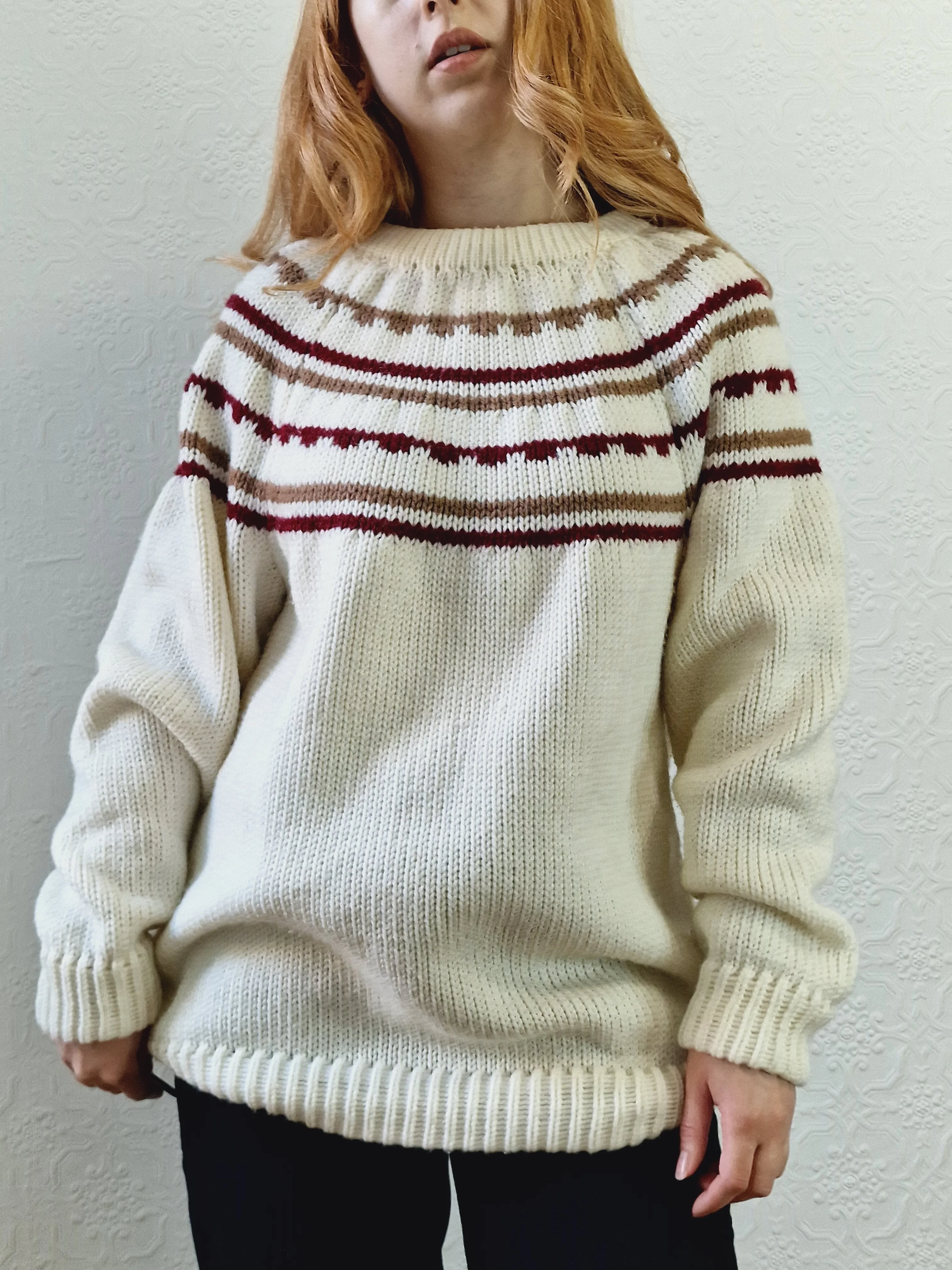 Vintage 80s Cream Icelandic Style Jumper with Crew Neck - L - Image 2
