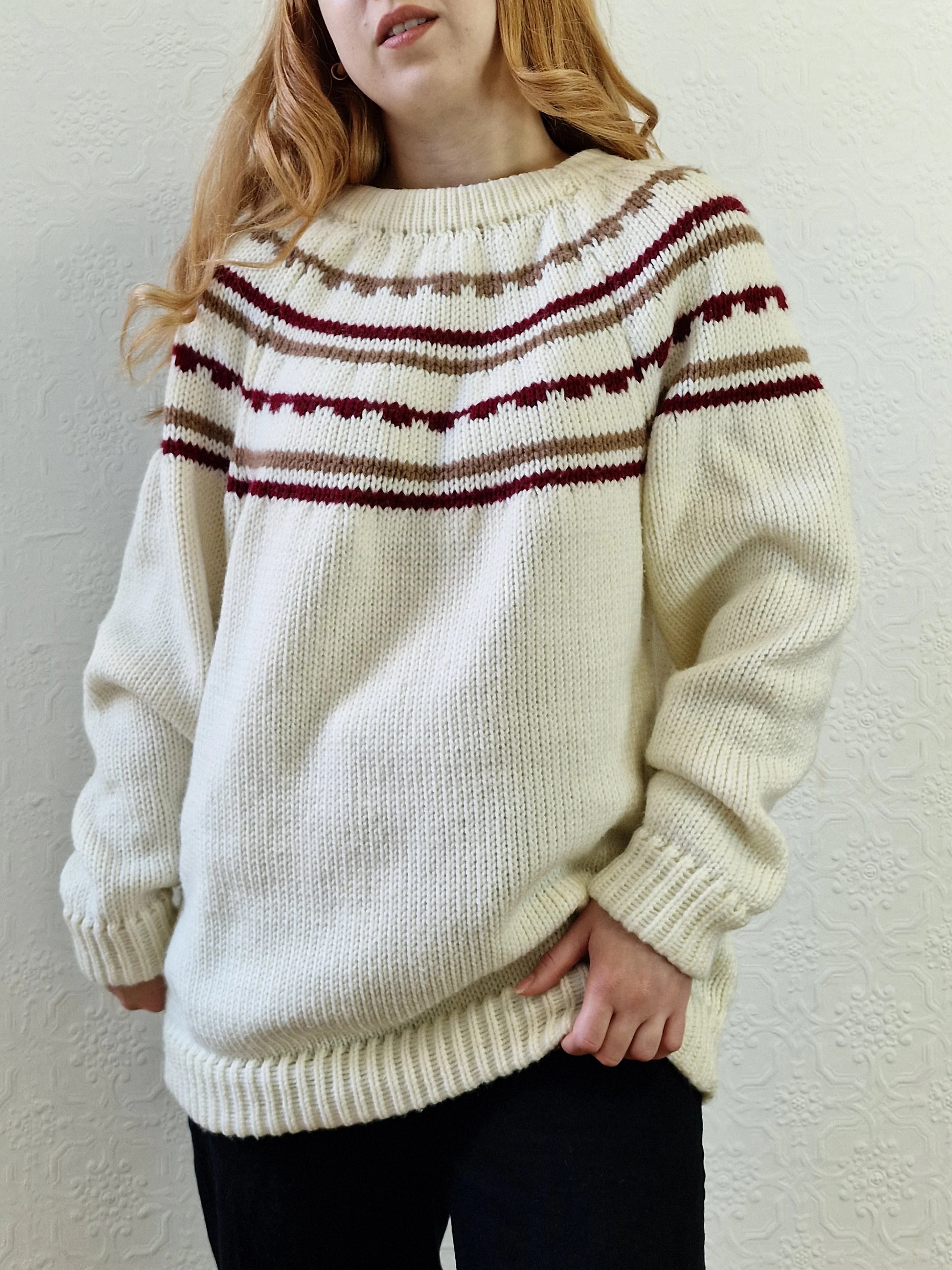 Vintage 80s Cream Icelandic Style Jumper with Crew Neck - L - Image 3