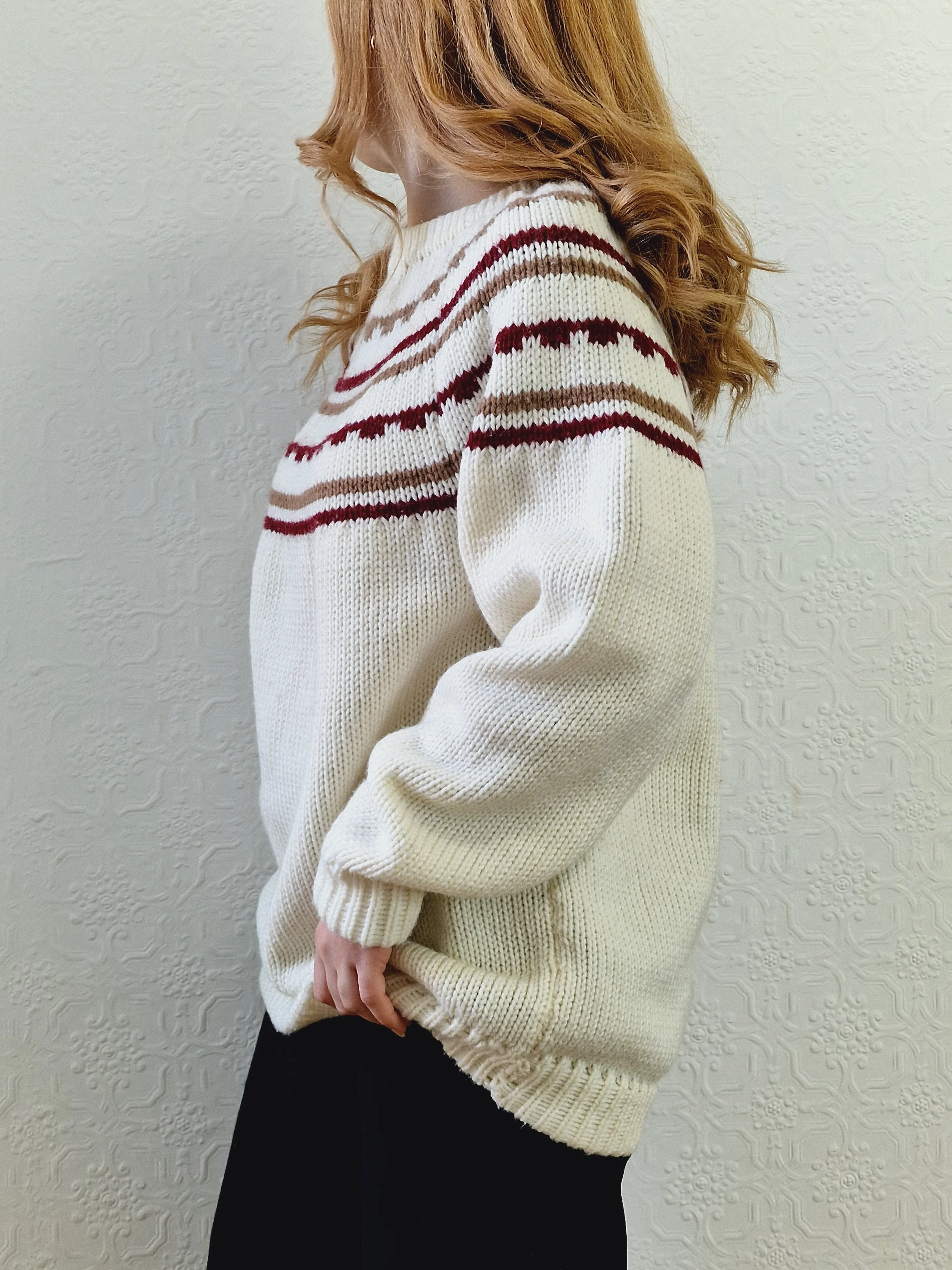 Vintage 80s Cream Icelandic Style Jumper with Crew Neck - L - Image 4