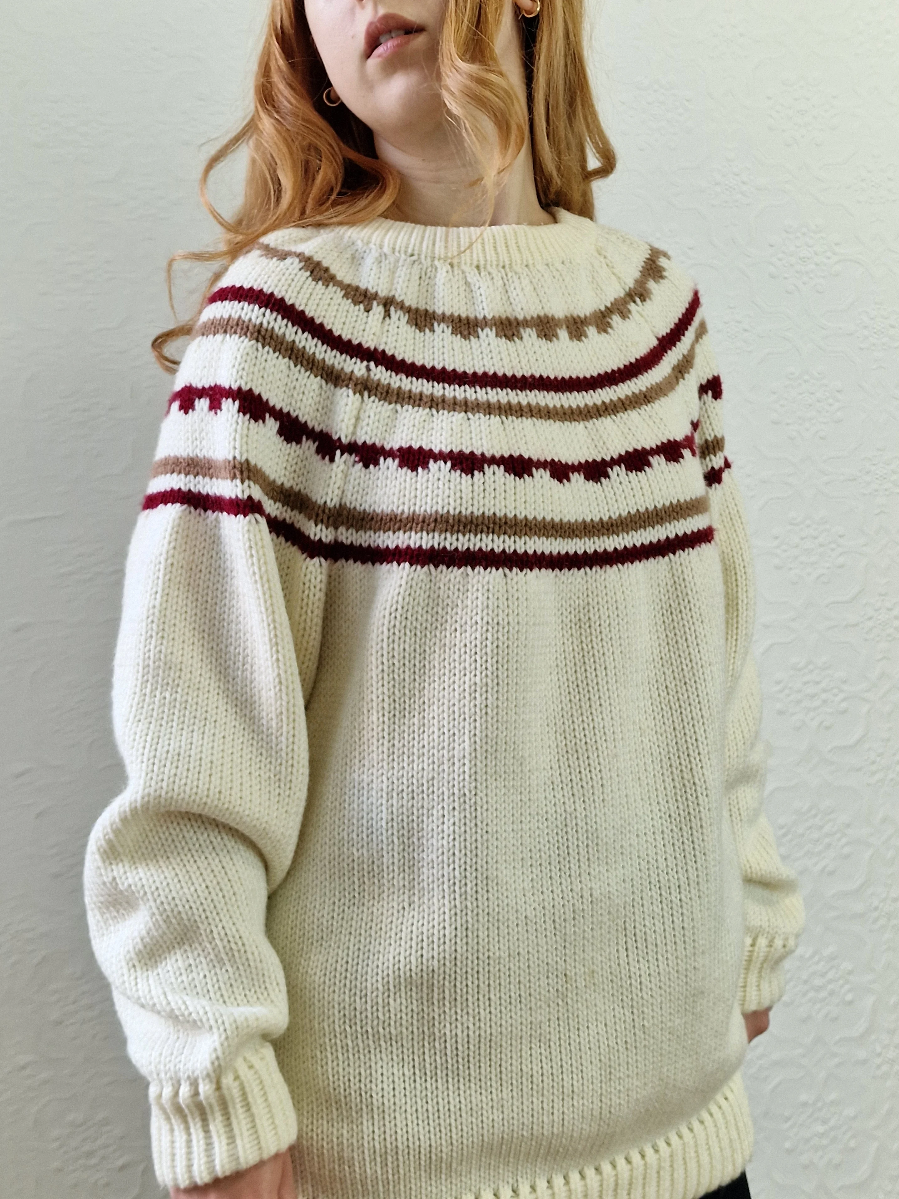 Vintage 80s Cream Icelandic Style Jumper with Crew Neck - L - Image 6